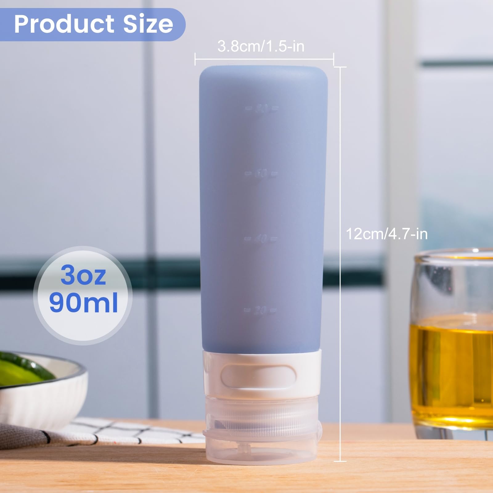 MICEBAY Condiment Squeeze Bottles for Sauces, 1-oz Mini Silicone Salad Dressing Container to Go with Snack Storage Bag, Leakproof Sauce Bottles for Lunch Box, 4 Pack, Blue