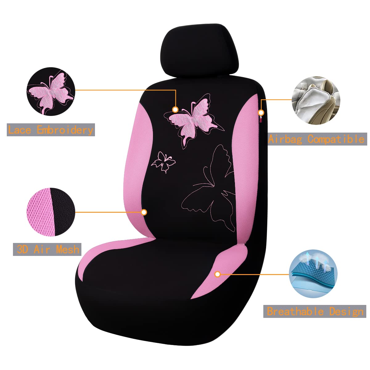 Flying Banner Butterfly car seat Covers ful Set Fashion Universal Lady Woman Female Rear Bench Split Colorized (2 Fronts, Mint Blue)