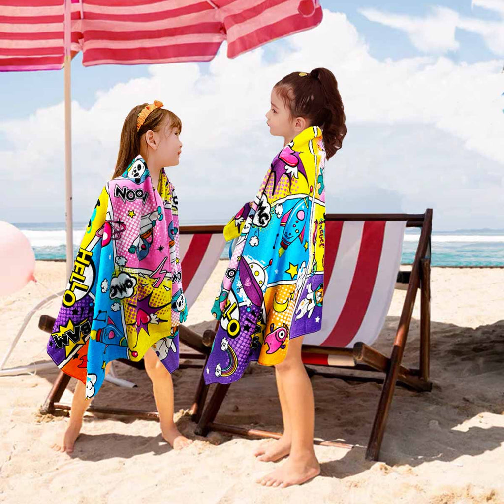 Kids Beach Towel Velour Terry Blanket Throw 100% Cotton Super Soft Absorbent 25.5X51 inches for Bath Swimming Sports Camping Holiday Picnic, Bus Coconut Parasol Lounge Audio Player.