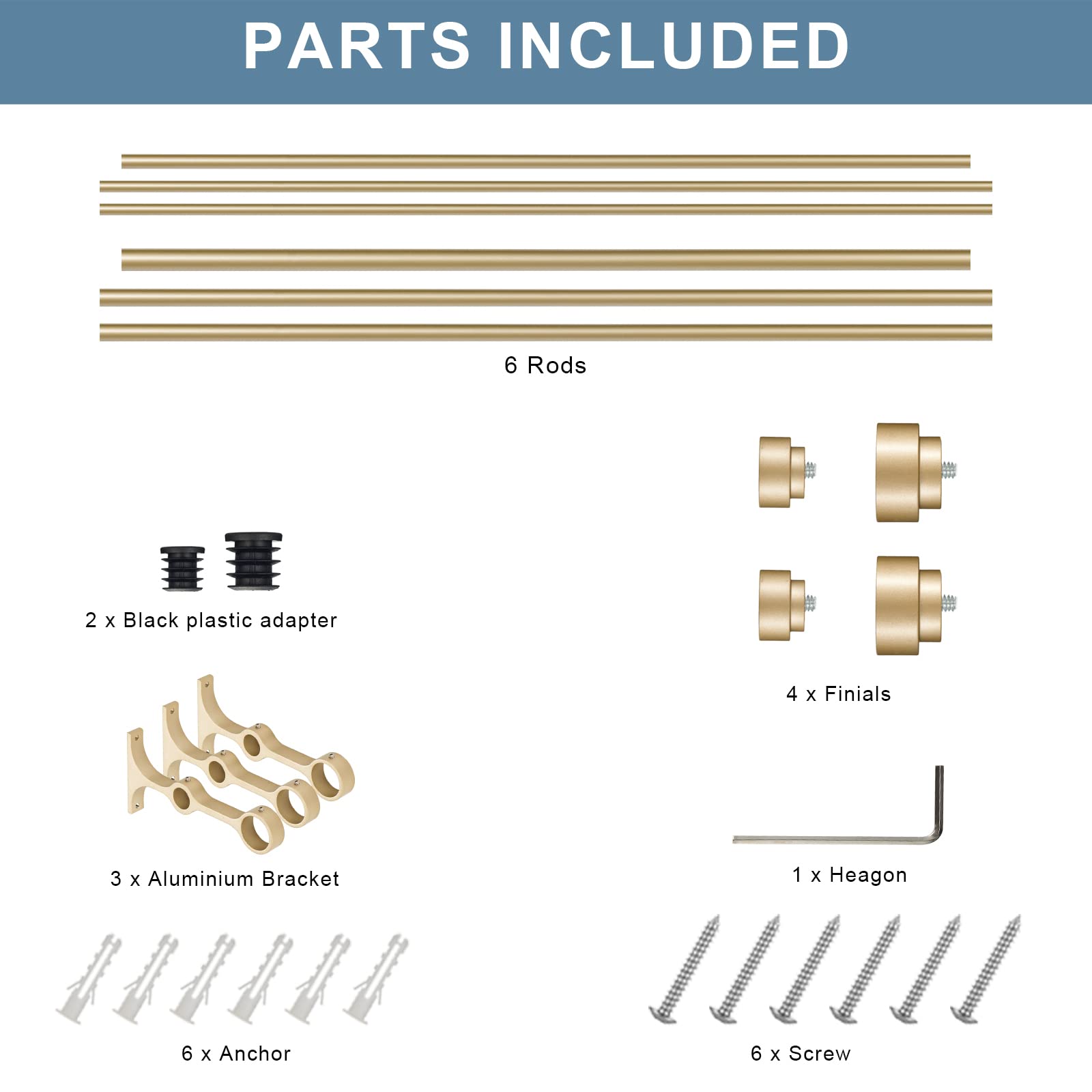 Heavy Duty Double Curtain Rods with Cylindrical Cap Finials - 36 to 72' Telescoping Rods, 1 Inch and 5/8 Inch Diameter, Light Gold