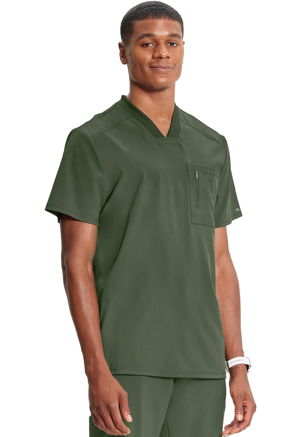 Cherokee Infinity Mens Tuckable V-Neck Scrub Top Modern Fit, 2 Pockets, Zip Chest Pocket, Rib-Knit, 360° Stretch – CK910A
