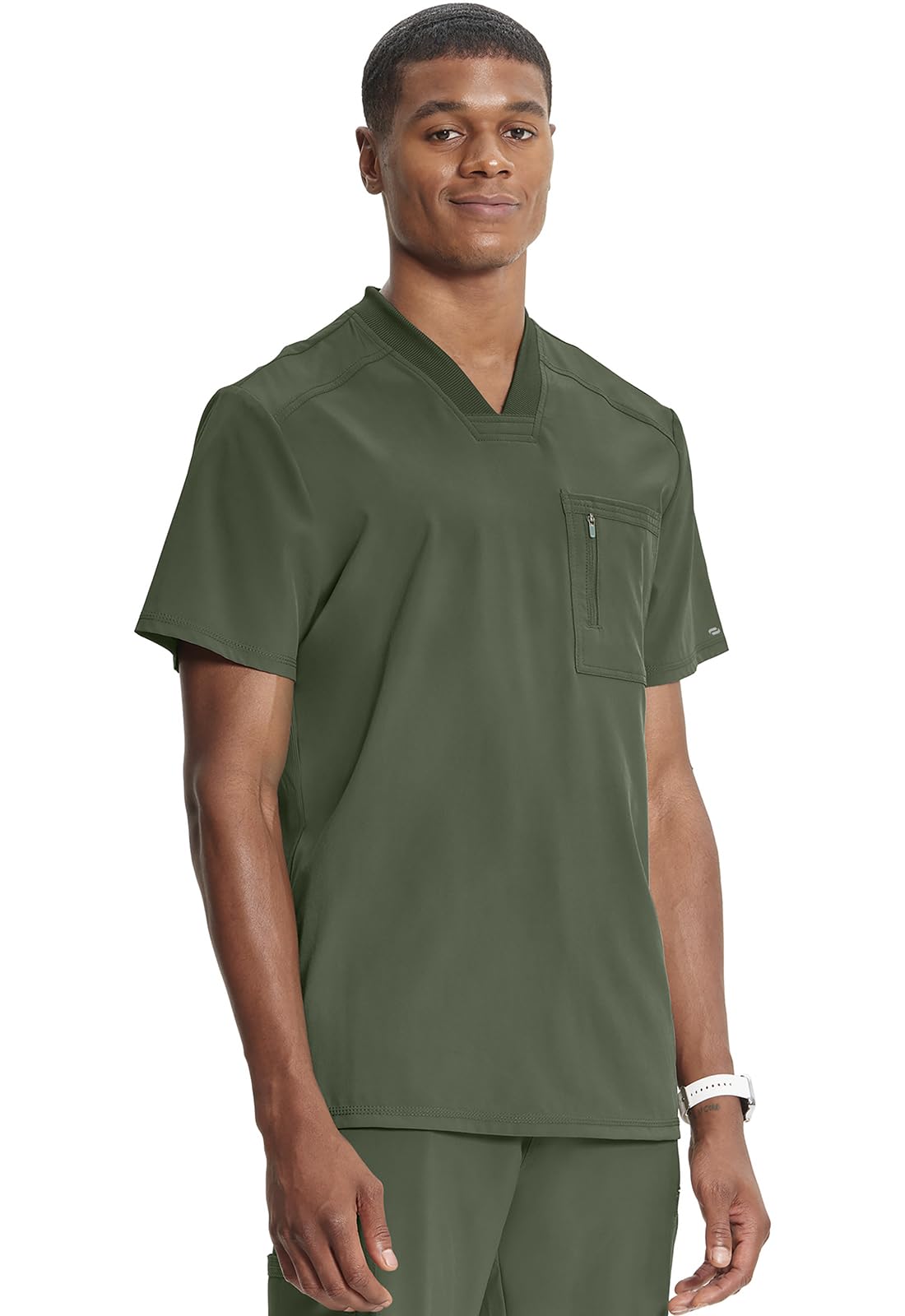 Cherokee Infinity Mens Tuckable V-Neck Scrub Top Modern Fit, 2 Pockets, Zip Chest Pocket, Rib-Knit, 360° Stretch – CK910A