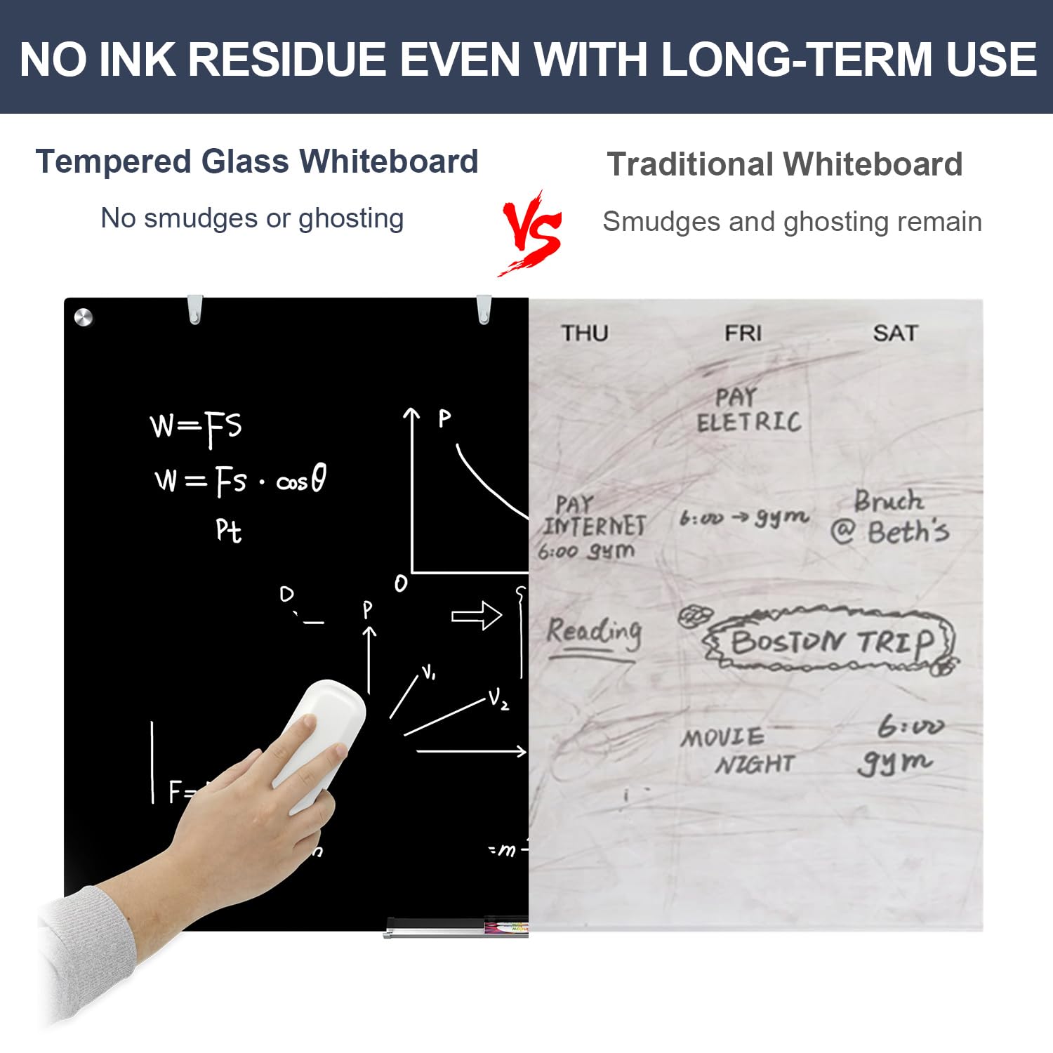 Dry Erase Board Black Magnetic Glass Whiteboard, TANKEE Modern Large Frameless Tempered Glass White Board for Wall, Office, School, Home, 36” x 24”, 3' x 2' White Board