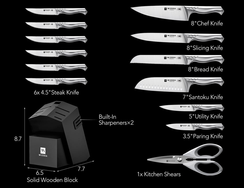 WIZEKA Kitchen Knife Set with Block: Razor Sharp 15 Pcs Professional Chef Knife Set with Knife Sharpener, Food Grade German Stainless Steel Knife Block Set, Jaguar Series