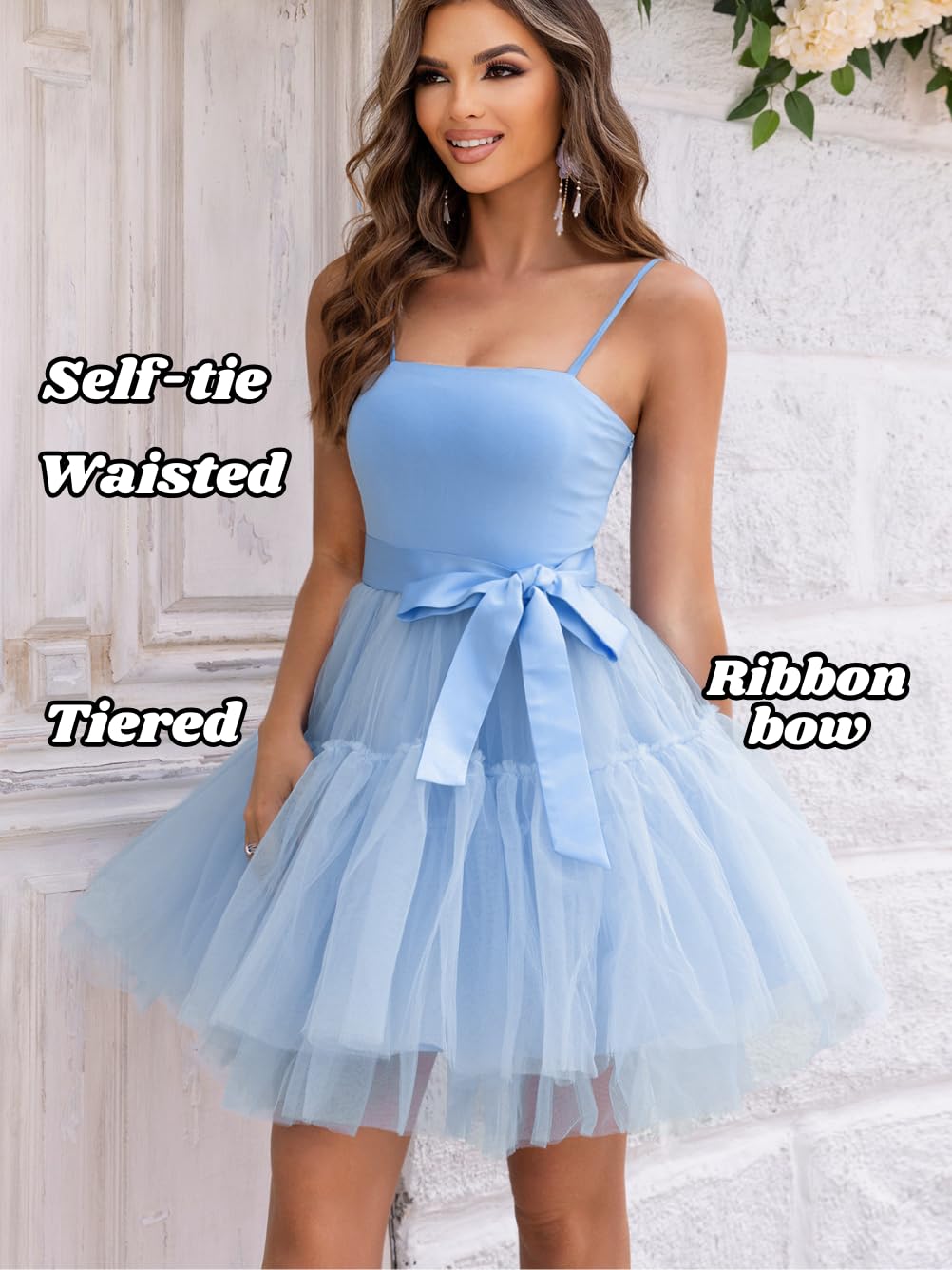 Kaei&Shi Poofy Short Tulle Dress,Spaghetti Strap Semi Formal Dresses for Women,Elegant Birthday Outfit Homecoming Cocktail