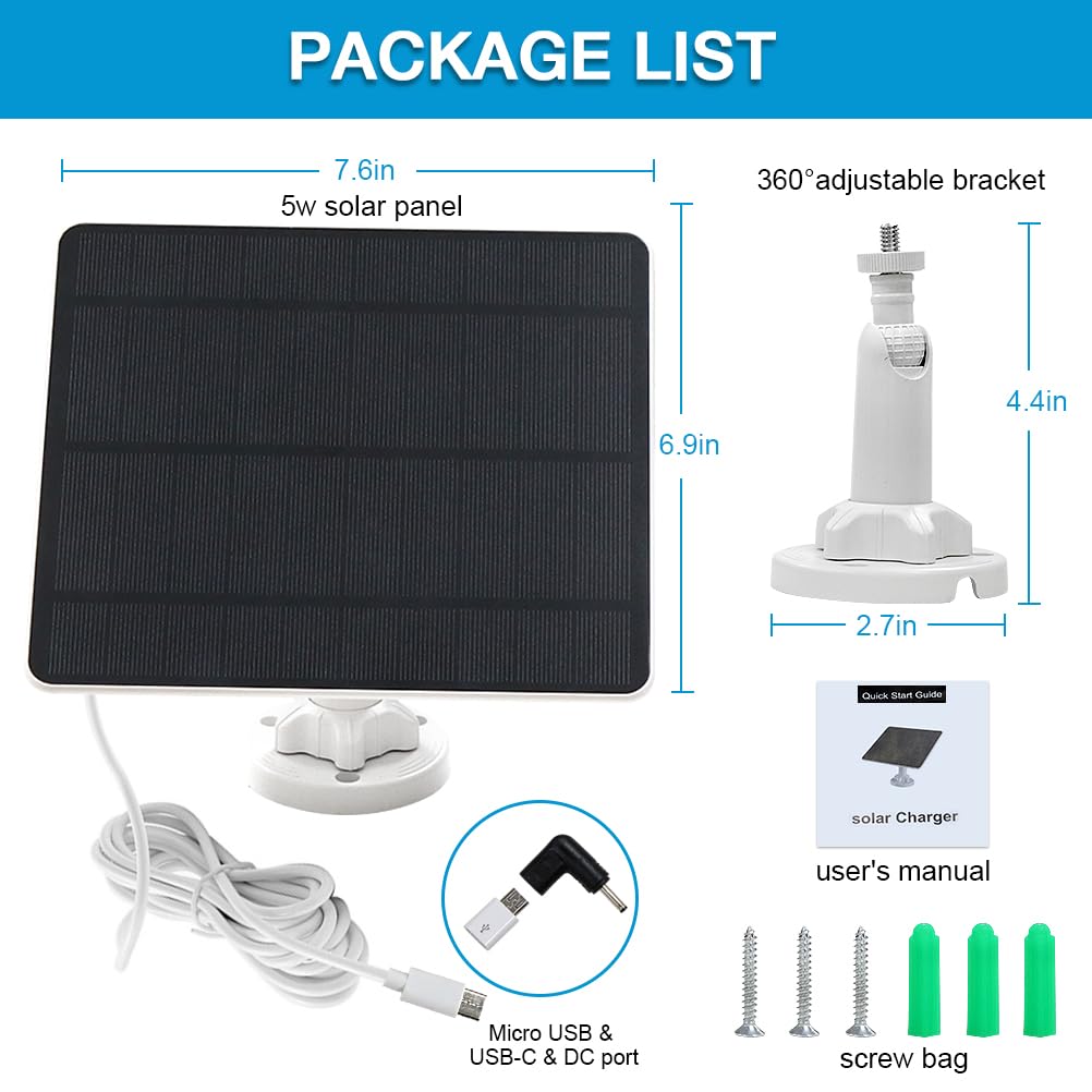Solar Panel for Security Camera,5W USB Solar Panel for Cameras DC 5V,Camera Solar Panel Charger Micro USB & USB-C & DC,IP65 Waterproof USB Solar Panel Charger for Camera with 360°Adjustable Mounting