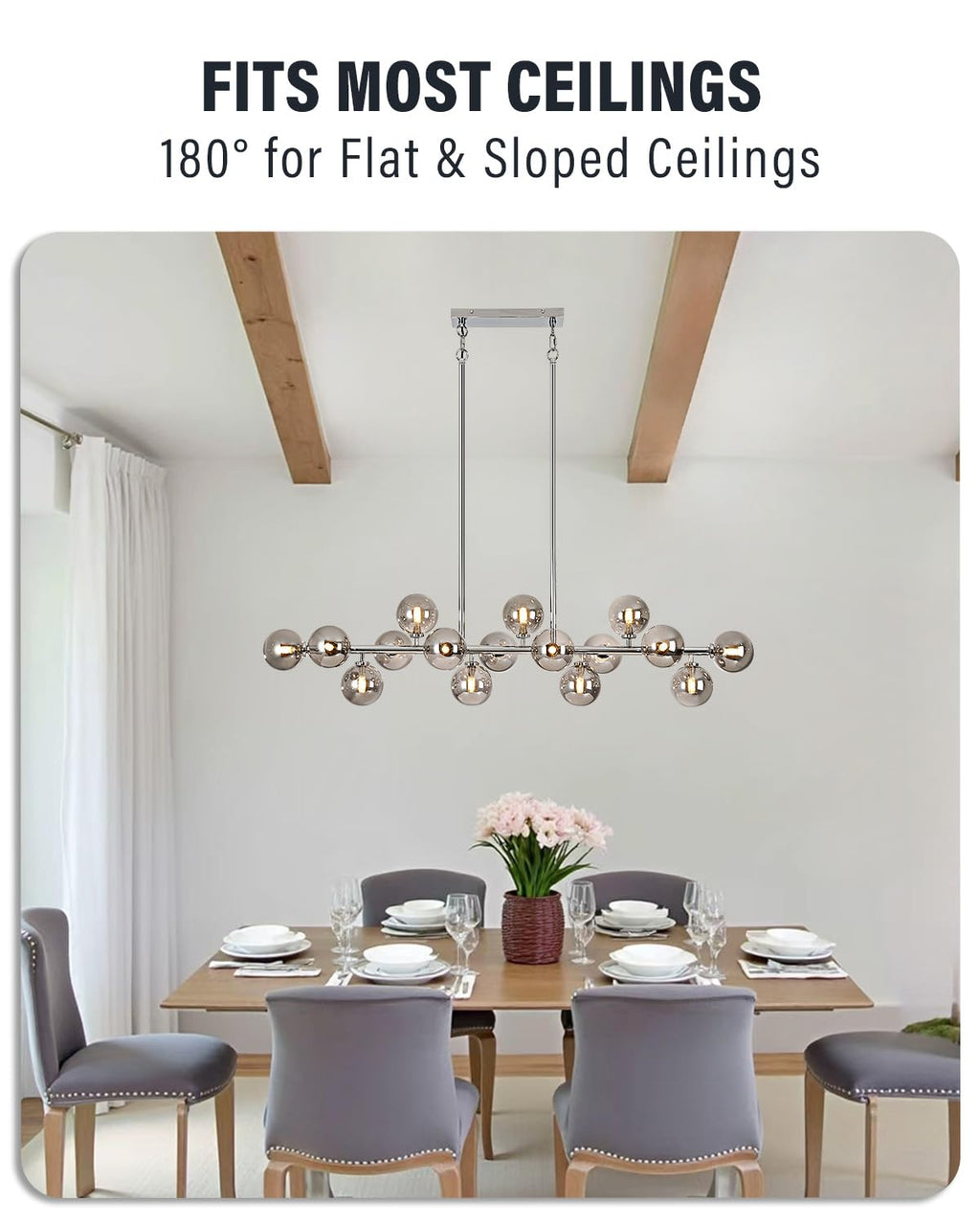 Modern Linear Chandeliers for Dining Room, 8-Light Globe Sputnik Pendant Ceiling Light, Black Dining Room Light Fixture Over Table, Mid Century Glass Milk White Bubble, 31.5 Inch, GC-09