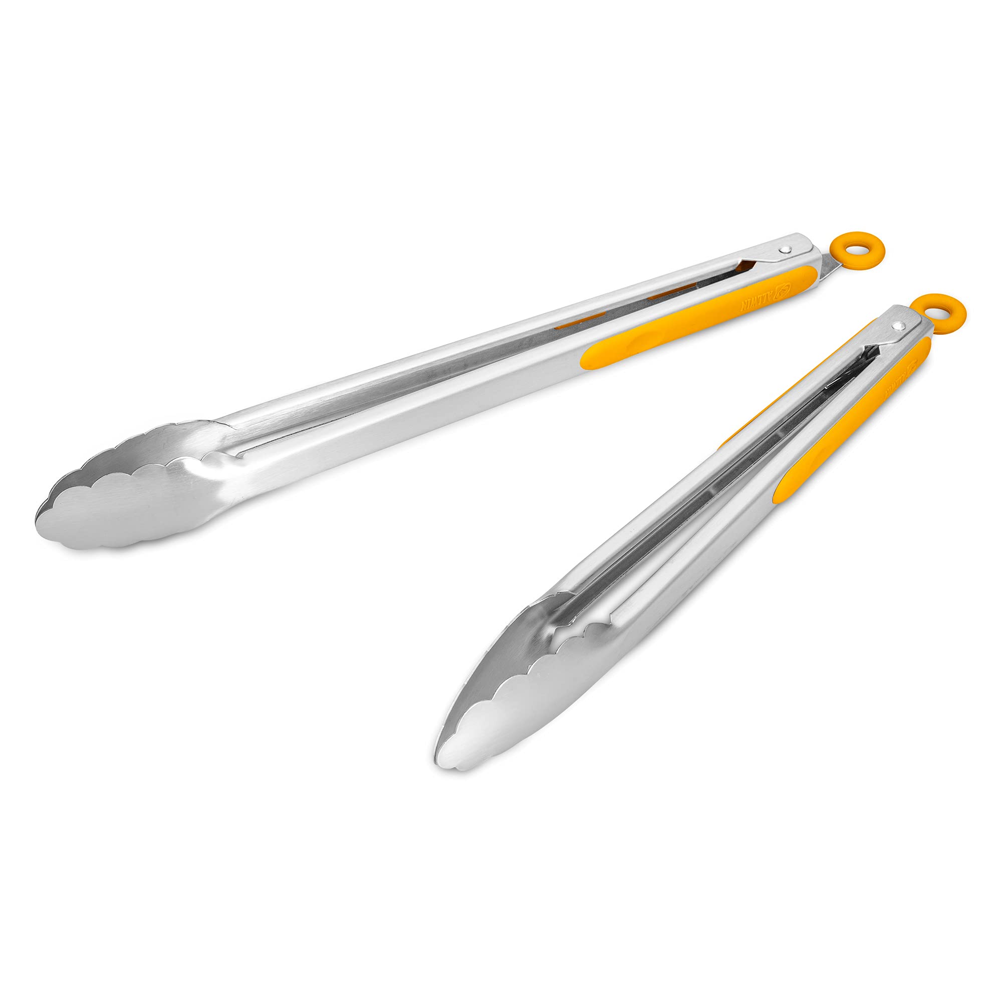 304 Stainless Steel Kitchen Cooking Tongs, 9" and 12" Set of 2 Sturdy Grilling Barbeque Brushed Locking Food Tongs with Ergonomic Grip, Black