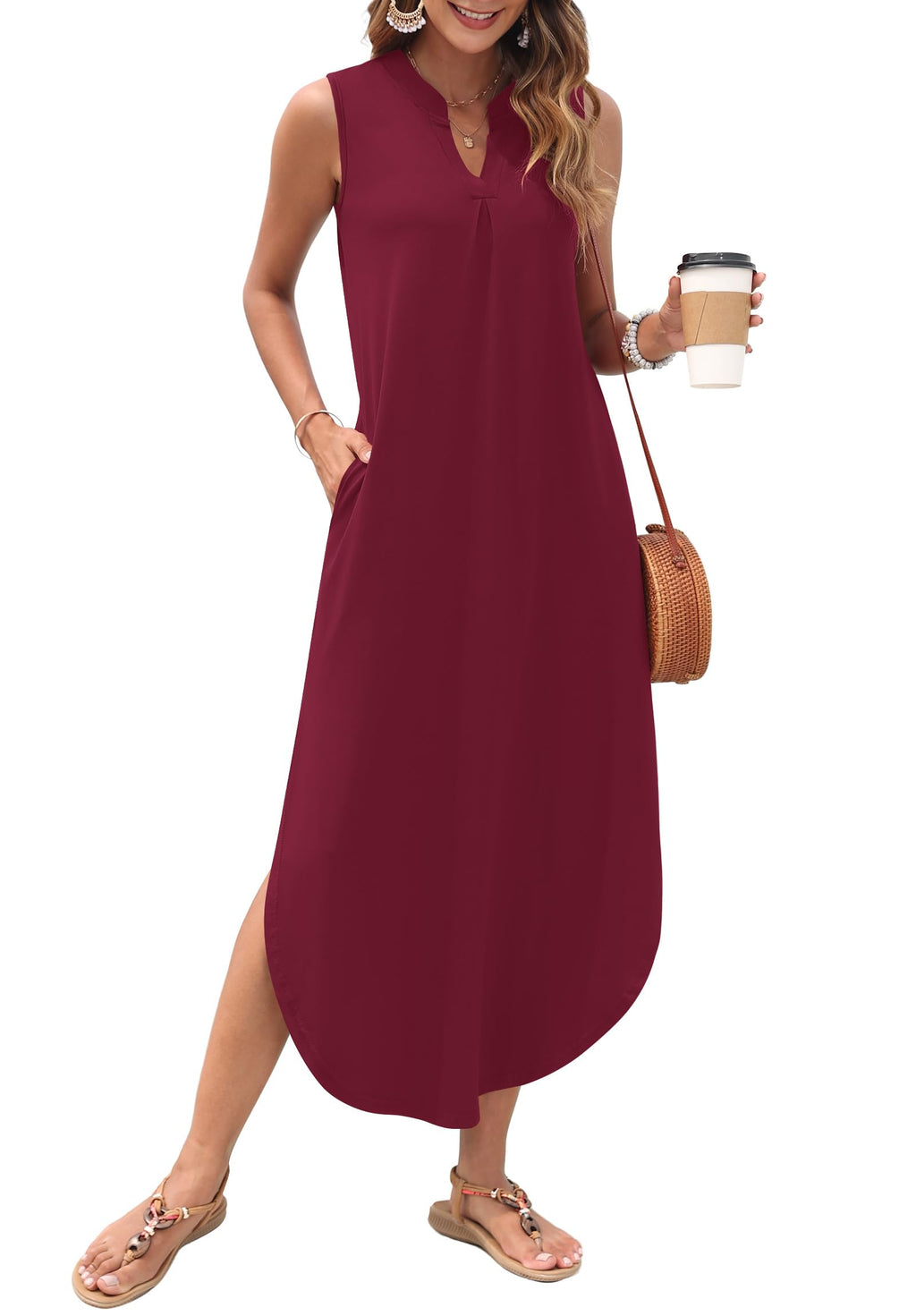 AUSELILY Womens Summer Casual Maxi Dresses 2026 Sleeveless Long Beach Dresses V Neck Loose Sundresses with Side Split Pockets