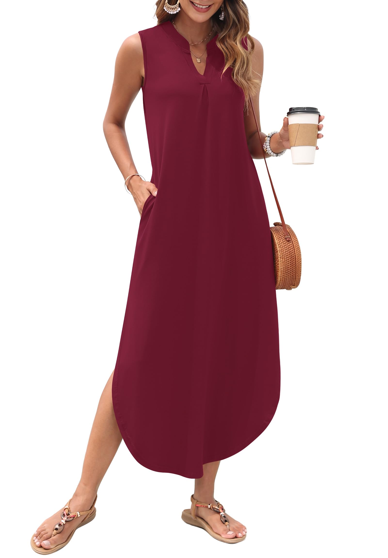 AUSELILY Womens Summer Casual Maxi Dresses 2026 Sleeveless Long Beach Dresses V Neck Loose Sundresses with Side Split Pockets