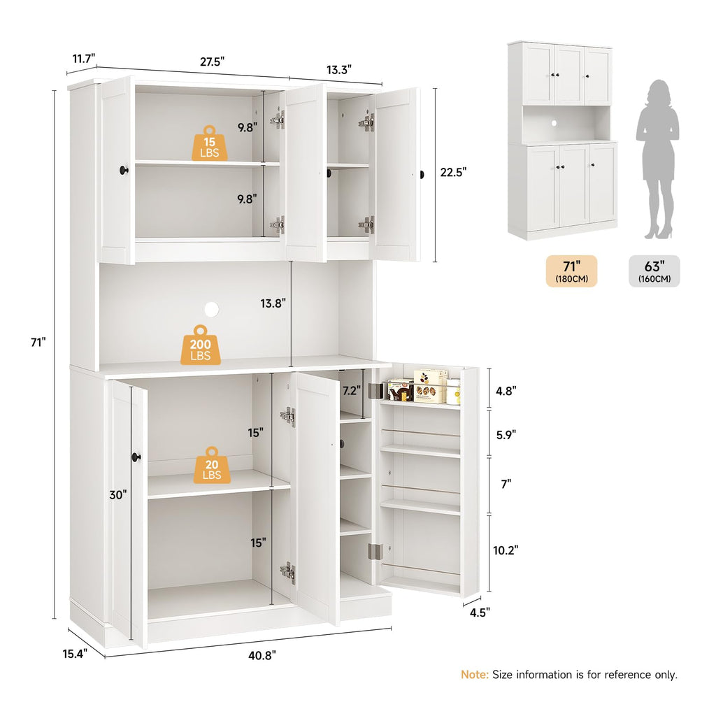 ONBRILL 71" Tall Kitchen Pantry Storage Cabinet with Microwave Stand & Door Shelf, Freestanding Kitchen Hutch with 6 Doors and Adjustable Shelves, Modern Food Pantry for Dining Room, Black