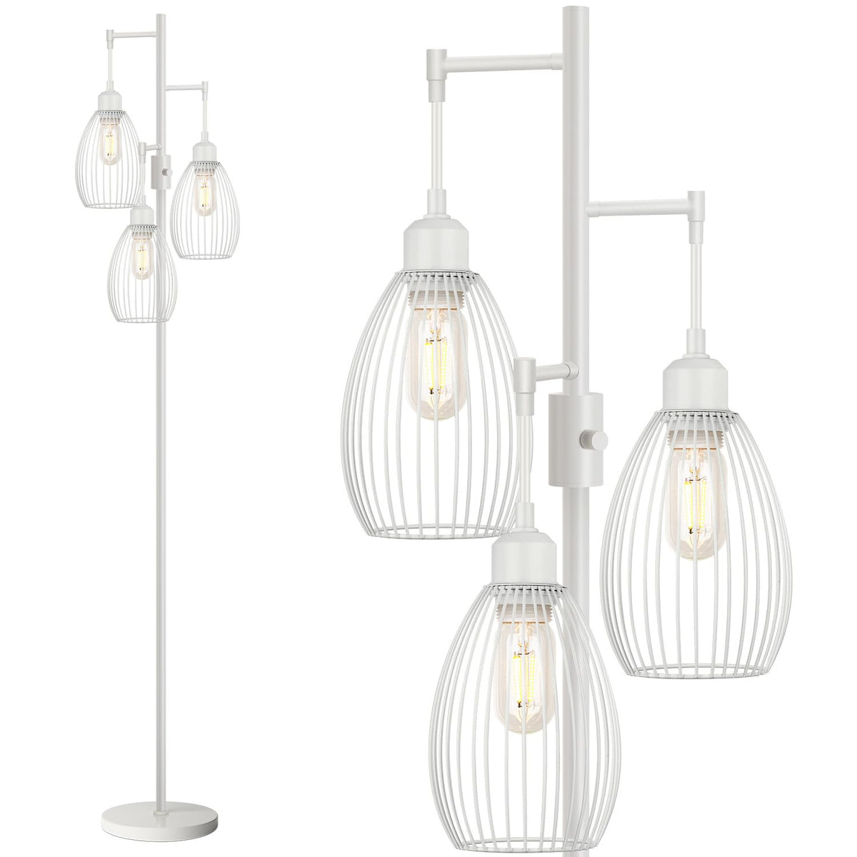 Dimmable Floor Lamp, 3 x 800LM LED Edison Bulbs Included, Farmhouse Industrial Floor Lamp Standing Tree Lamp with Elegant Teardrop Cage Tall Lamps for Living Room Bedroom Office Dining Room-Brass