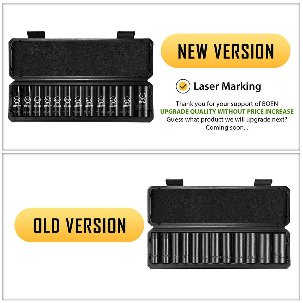 BOEN 1/2" Drive Deep Impact Socket Set, 11 Pieces Socket Set Metric 10-24mm, 6 Point Design, Cr-V Steel, Laser Marking, Durable Storage Case, Meets ANSI Standards