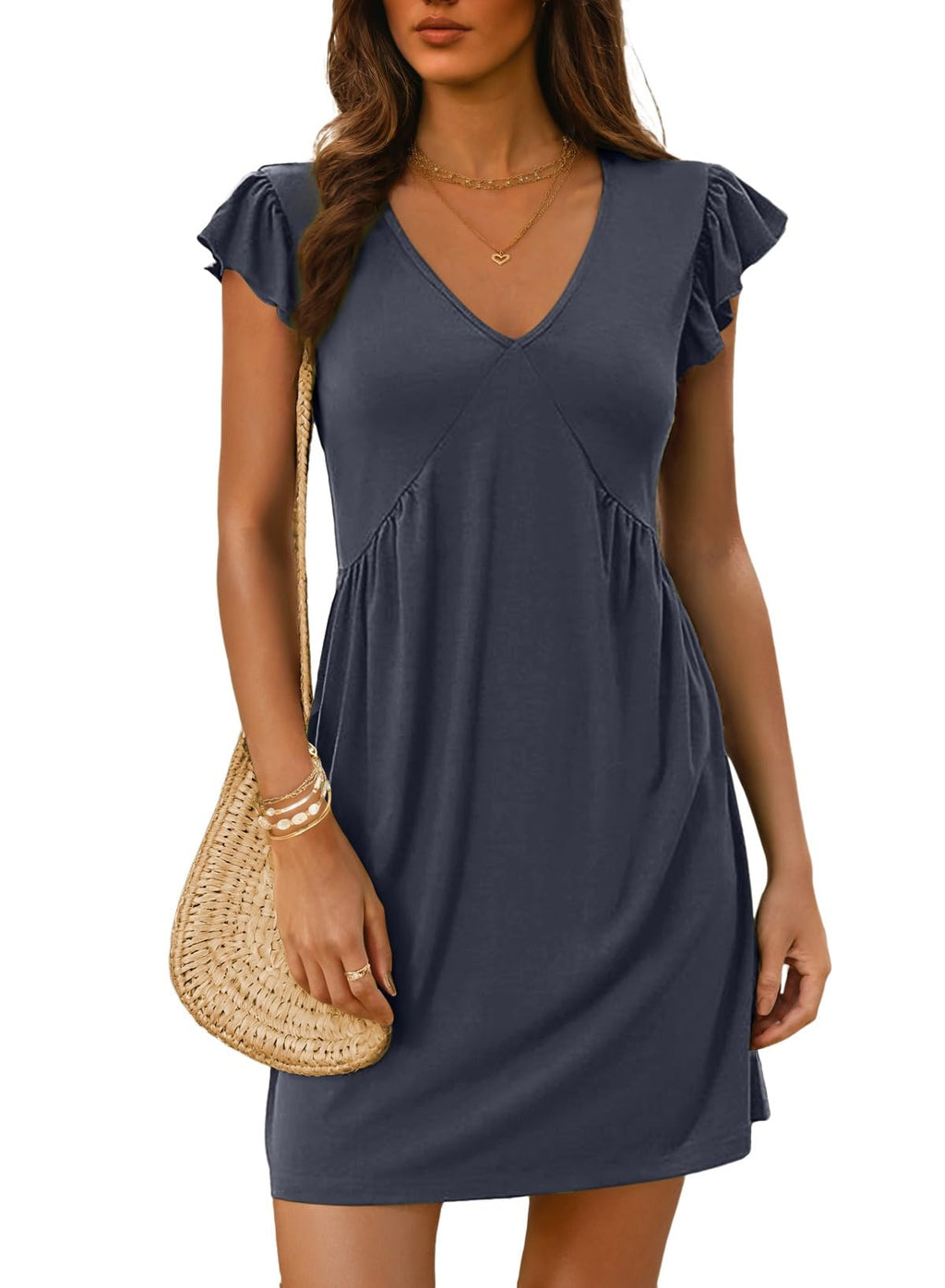 Dokotoo Women's Summer Dresses Beach 2026 Casual Deep V Neck Loose Sundress Ruffle Sleeve Mini Dress