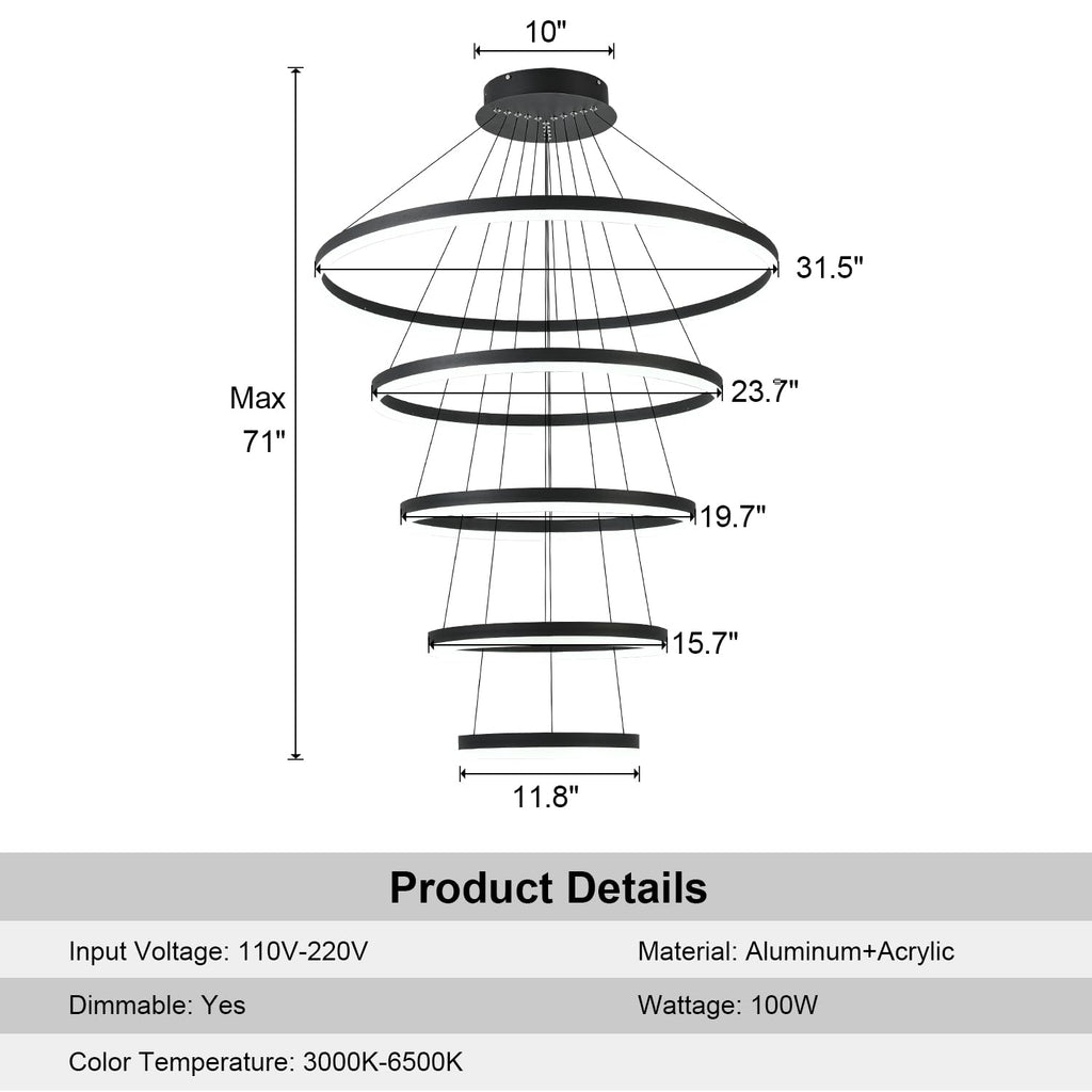 5-Rings Modern LED Chandelier Black Dimmable High Ceiling Chandelier for Dining Room with Remote Control for Foyer Living Room Entryway Staircase(D23.6’’, 3000K-6500K)