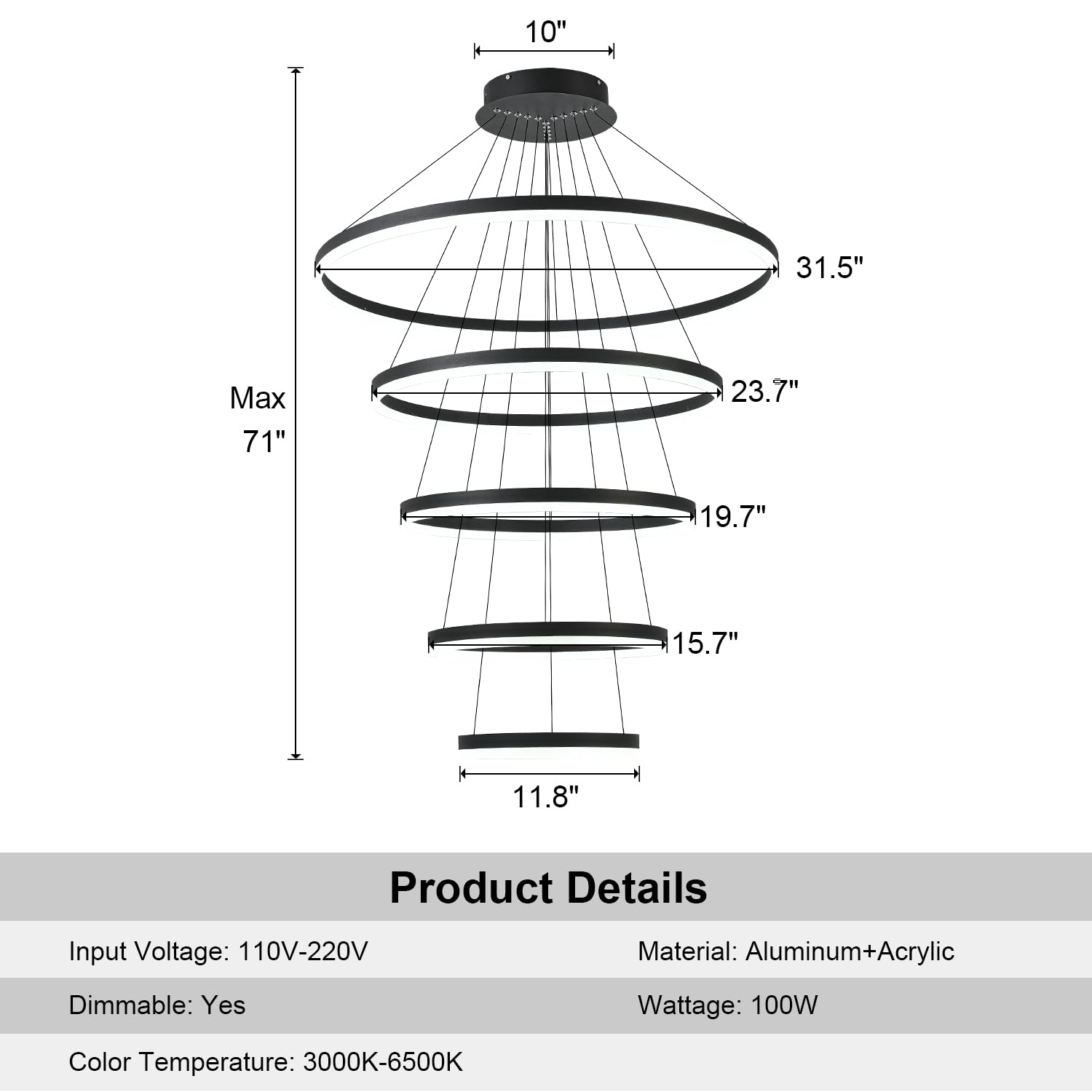 5-Rings Modern LED Chandelier Black Dimmable High Ceiling Chandelier for Dining Room with Remote Control for Foyer Living Room Entryway Staircase(D23.6’’, 3000K-6500K)
