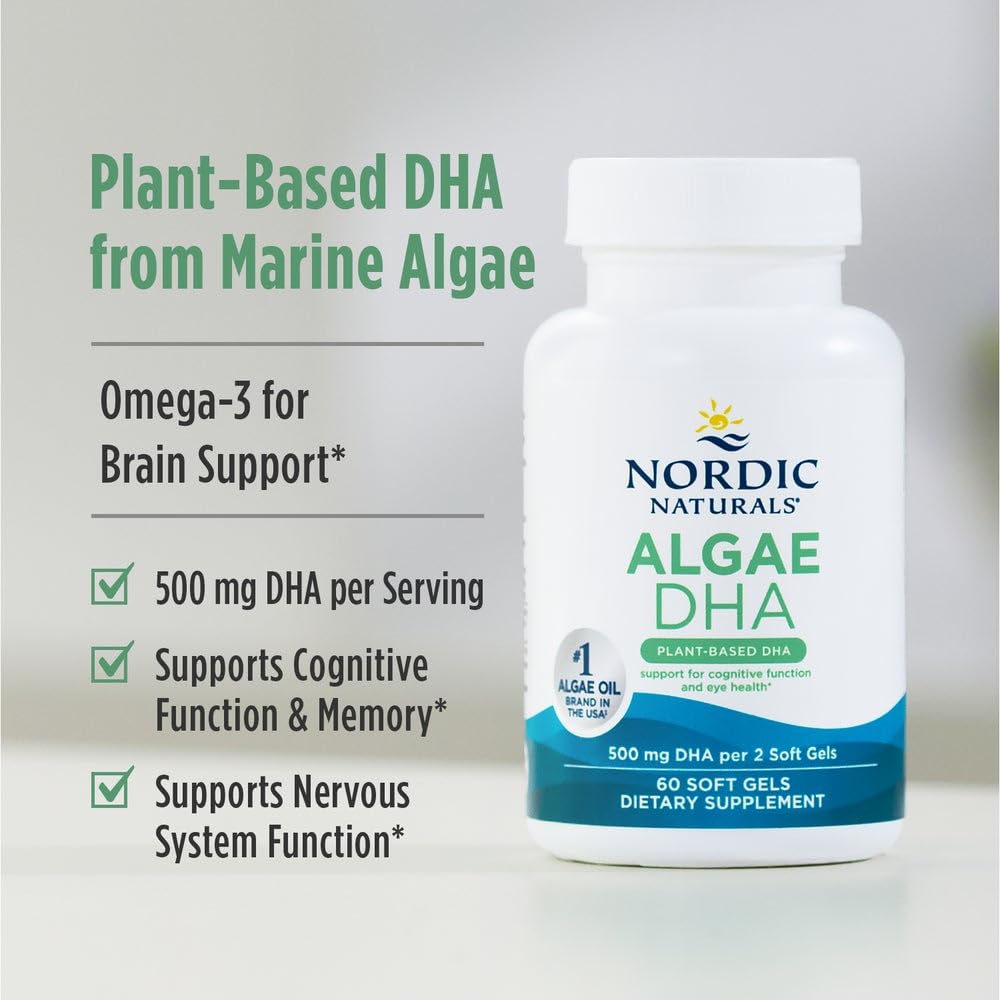 Nordic Naturals Algae DHA - 60 Soft Gels - 500 mg Omega-3 DHA - Certified Vegan Algae Oil - Plant-Based DHA - Brain, Eye & Nervous System Support - Non-GMO - 30 Servings