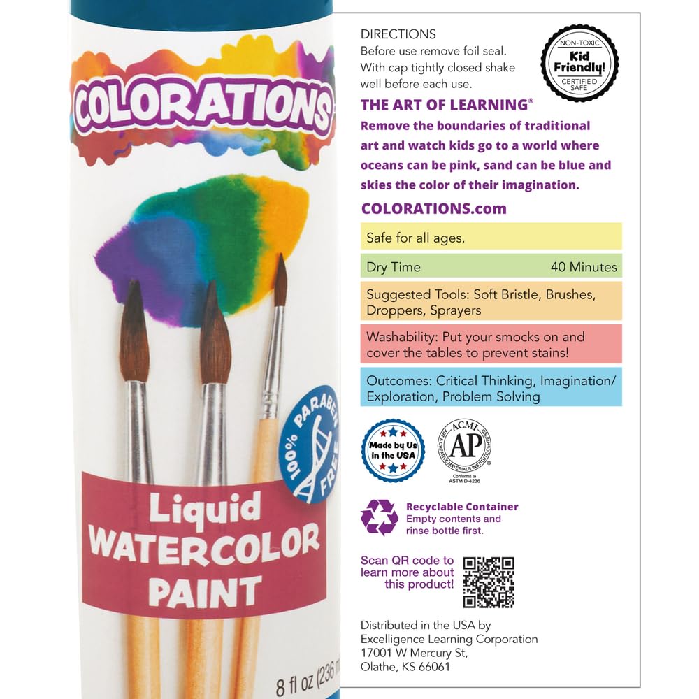 Colorations Paraben-Free Glitter Liquid Watercolor Paint, Set of 8 Vibrant Colors, 8 fl oz, Non-Toxic and Made in The USA