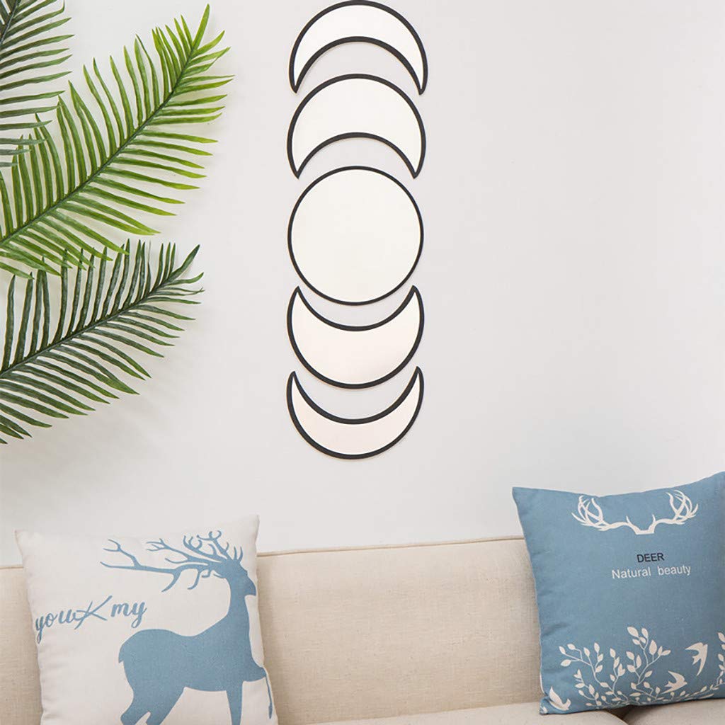 Scandinavian Decor 5-Piece Acrylic Wall Decor - Wooden Moon Phase Mirror, Bohemian Design for Living Room, Bedroom - Beige
