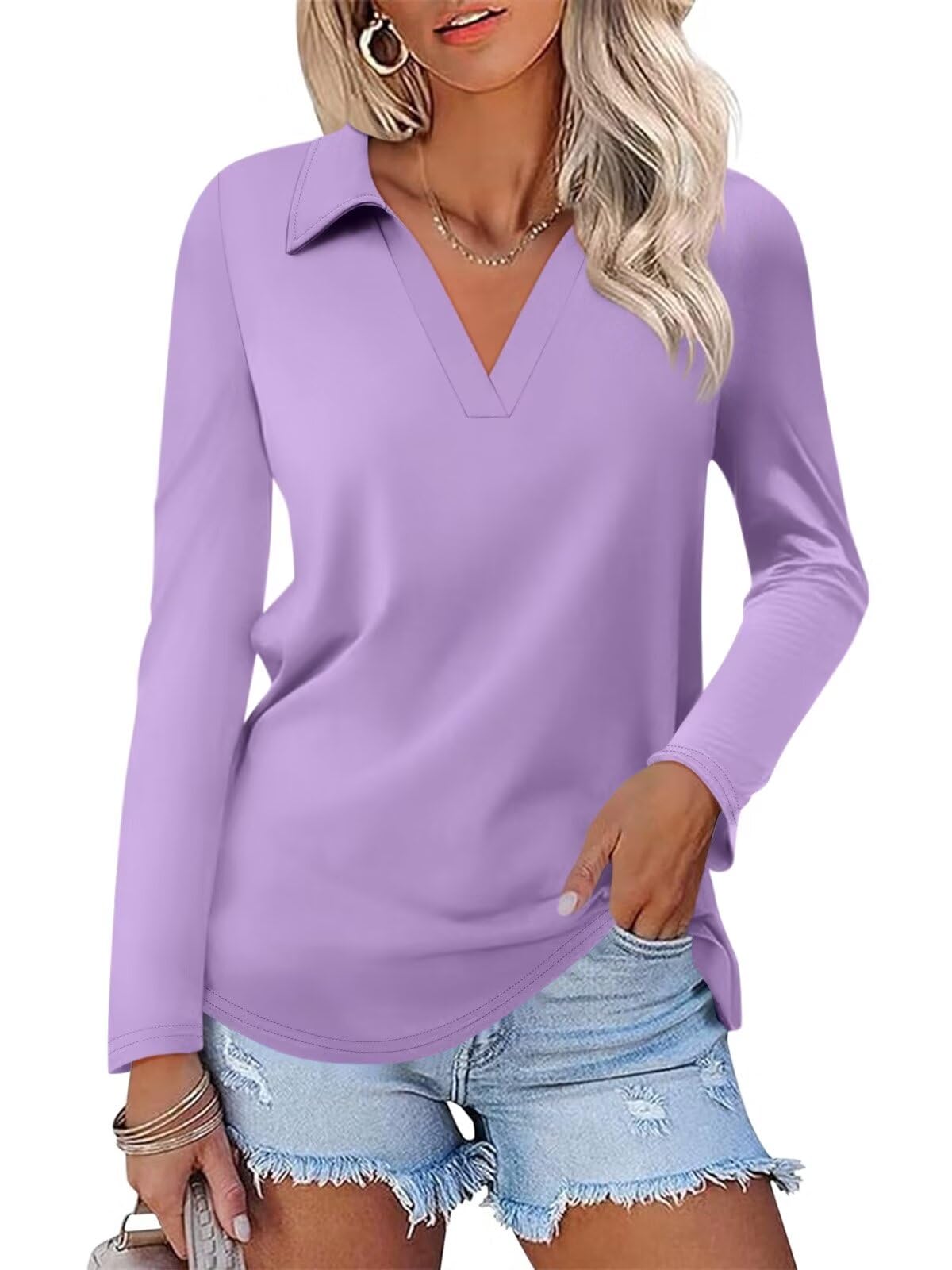 ORANDESIGNE Women's Long Sleeve Polo Shirts Casual Color Block V Neck Tops Fall Collar Ladies Tunics Tees