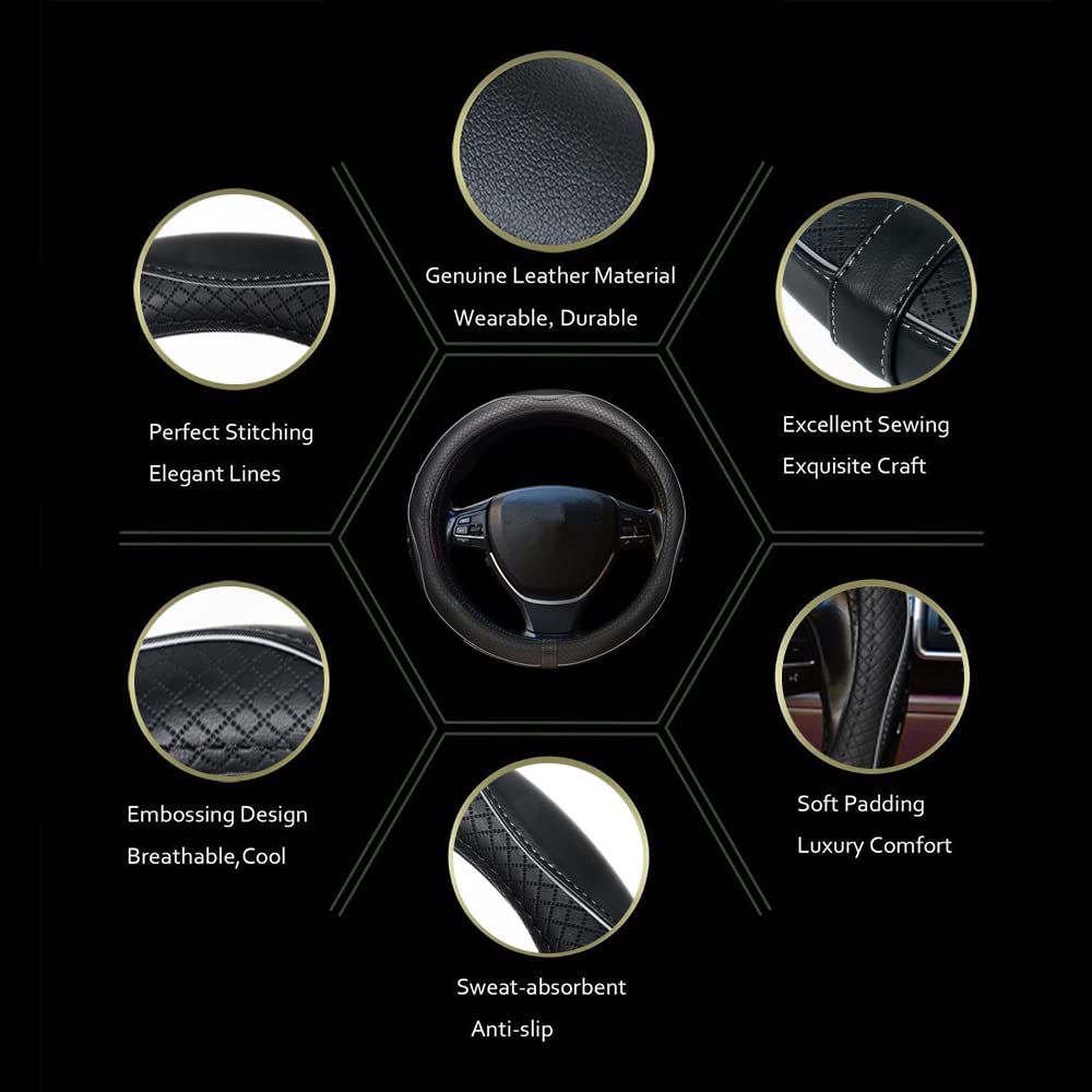 Car Steering Wheel Cover, Anti-Slip, Safety, Soft, Breathable, Heavy Duty, Thick, Full Surround, Sports Style (Black)