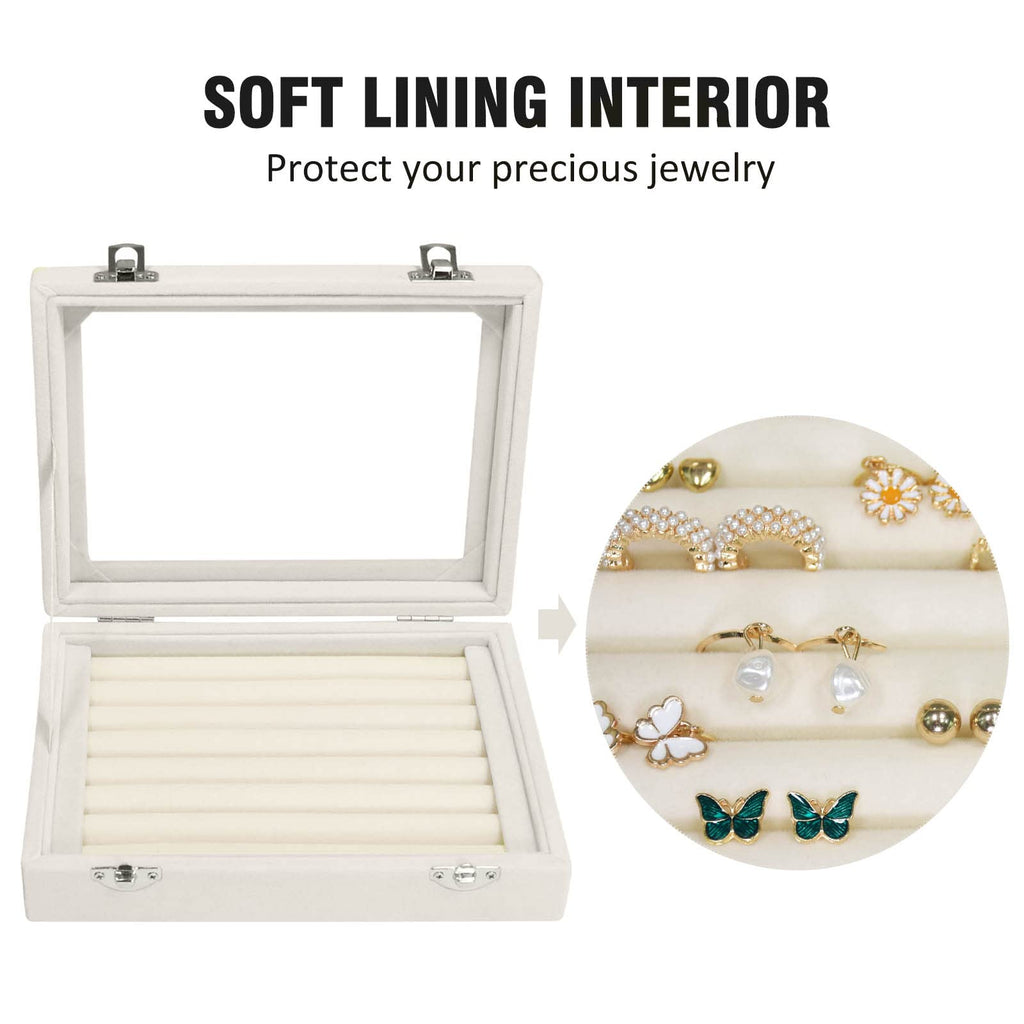 Vicoter Rings Organizer Tray 7 Slots Velvet Jewelry Earring Storage Box with Transparent lid Jewelry Display Case for Girls Wife Mom Women (Beige)