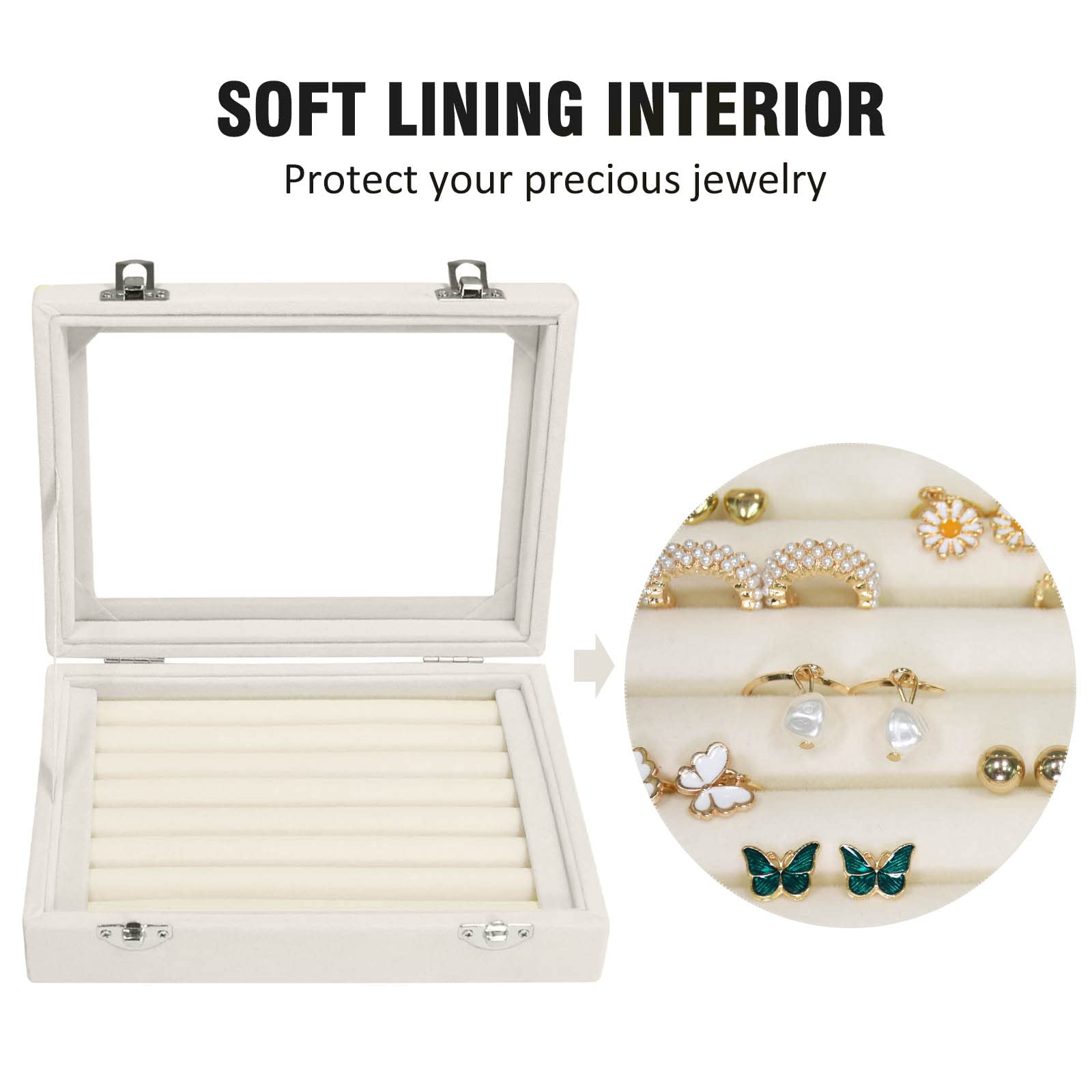 Vicoter Rings Organizer Tray 7 Slots Velvet Jewelry Earring Storage Box with Transparent lid Jewelry Display Case for Girls Wife Mom Women (Beige)