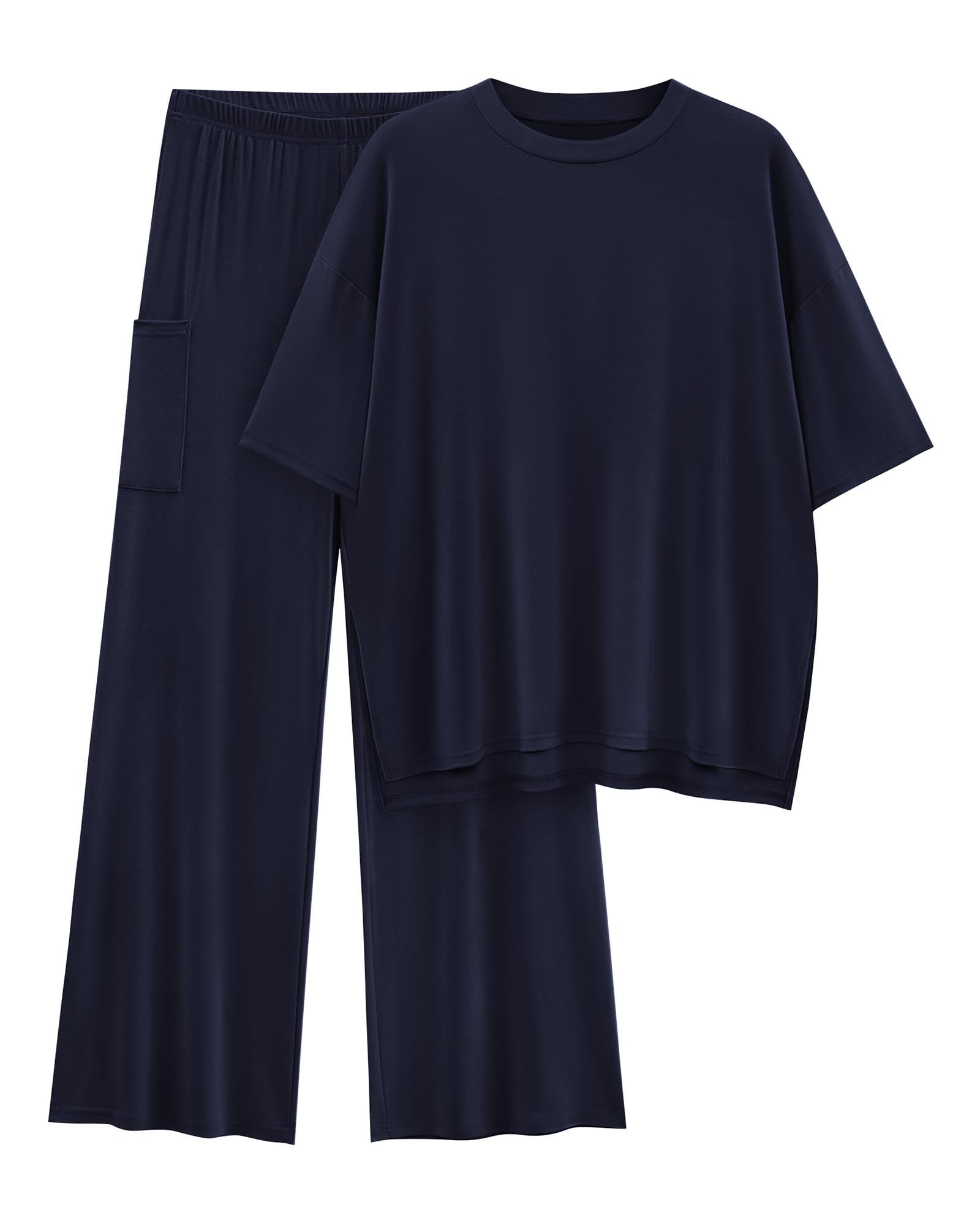 KIRUNDO 2 Piece Lounge Sets for Women Airport Travel Vacation Outfits Summer Casual Loose Short Sleeve Tops & Wide Leg Pants