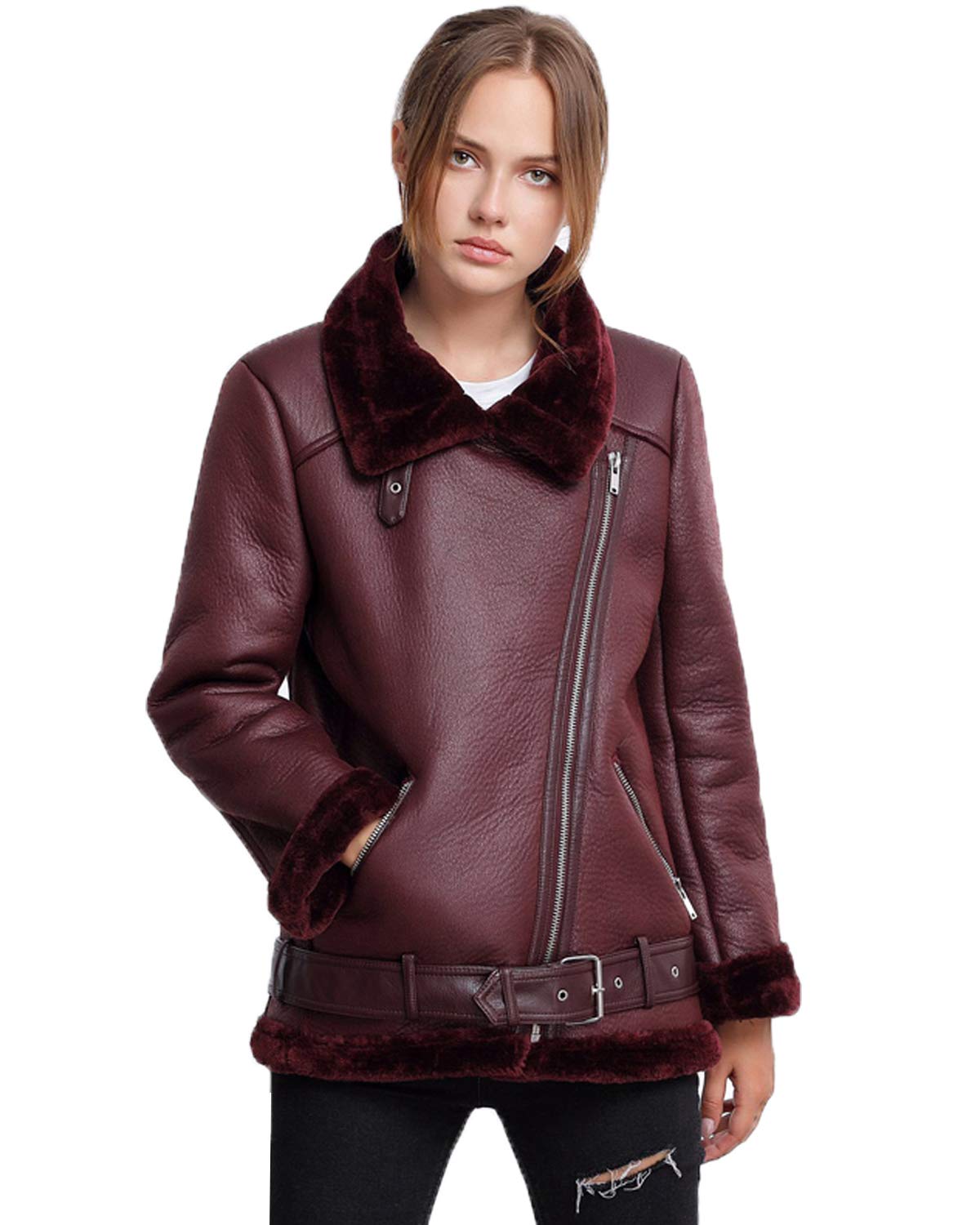 LY VAREY LIN Women's Faux Shearing Moto Jacket Thick Lined Parka Winter Shearling Coat Leather Jacket