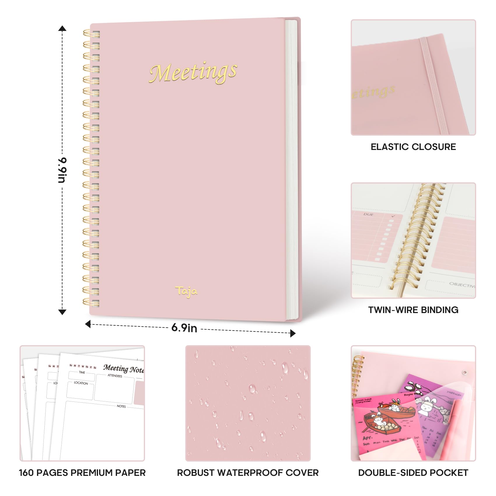 Meeting Notebook for Work Organization - Work Planner Notebook with Action Items, Agenda Planner for Note Taking, 160 Pages (6.9" X 9.9") Project Organizer for Men & Women - Pink