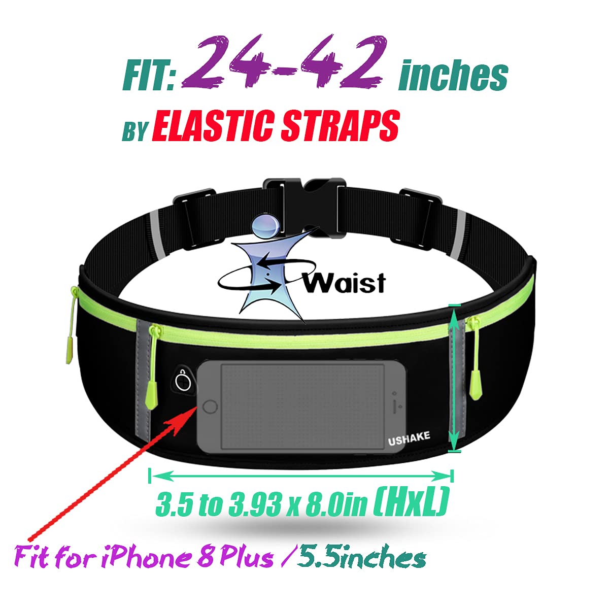 USHAKE Slim Running Belt, Workout Fanny Pack for Men Women,Exercise Waist Pack for Apple iPhone Holder, Runner Belt for Running Walking Cycling Camping Gym Black