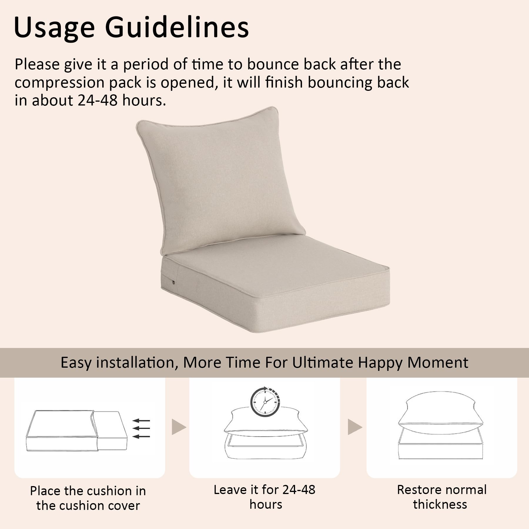 COZYVIDA 5.1" Thick Outdoor Patio Cushions Set of 2, 22"x24"x5.1" Seat, C0 Water-Resistant Breathable Fabric, UV-Resistant 1000+ Hrs, 35D Foam with Recycled Fiber Fill,Beige