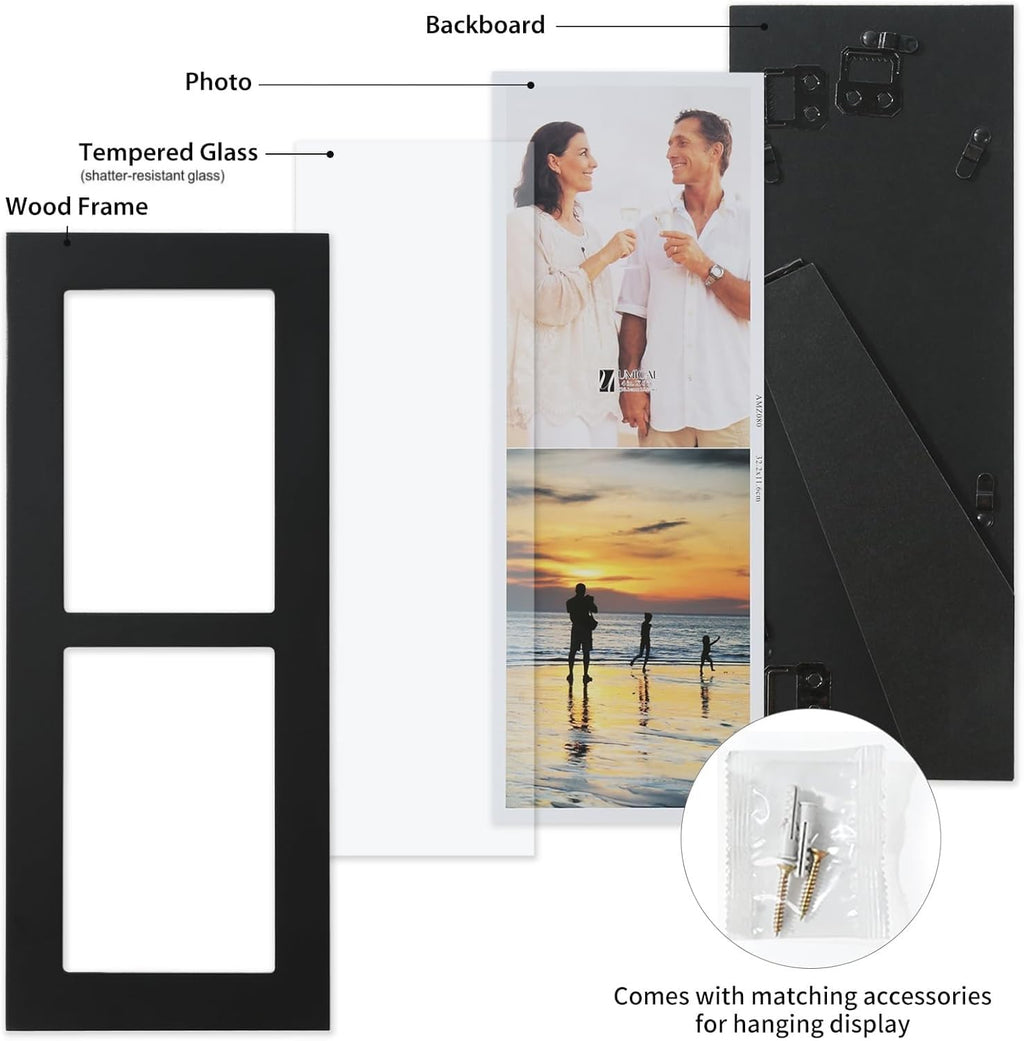 4x6 2-Opening Collage Frame Black Wood | Two 4x6 openings, shatter-resistant glass, tabletop & wall mount