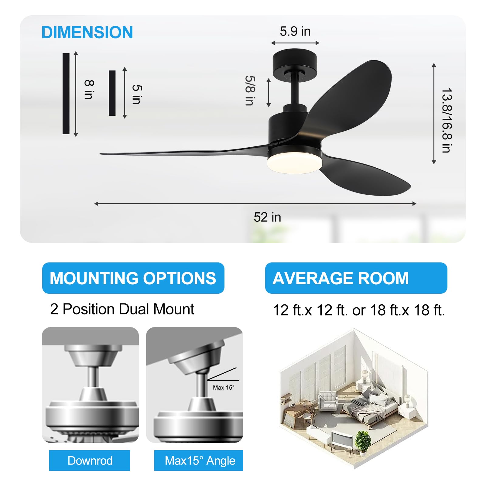 52" Ceiling Fans with Lights and Remote, Quiet DC Motor, 3 Reversible Blades, 6-Speed, Modern Industrial Black Ceiling Fan with 3-Color LED Light Fandelier for Bedroom Living Room