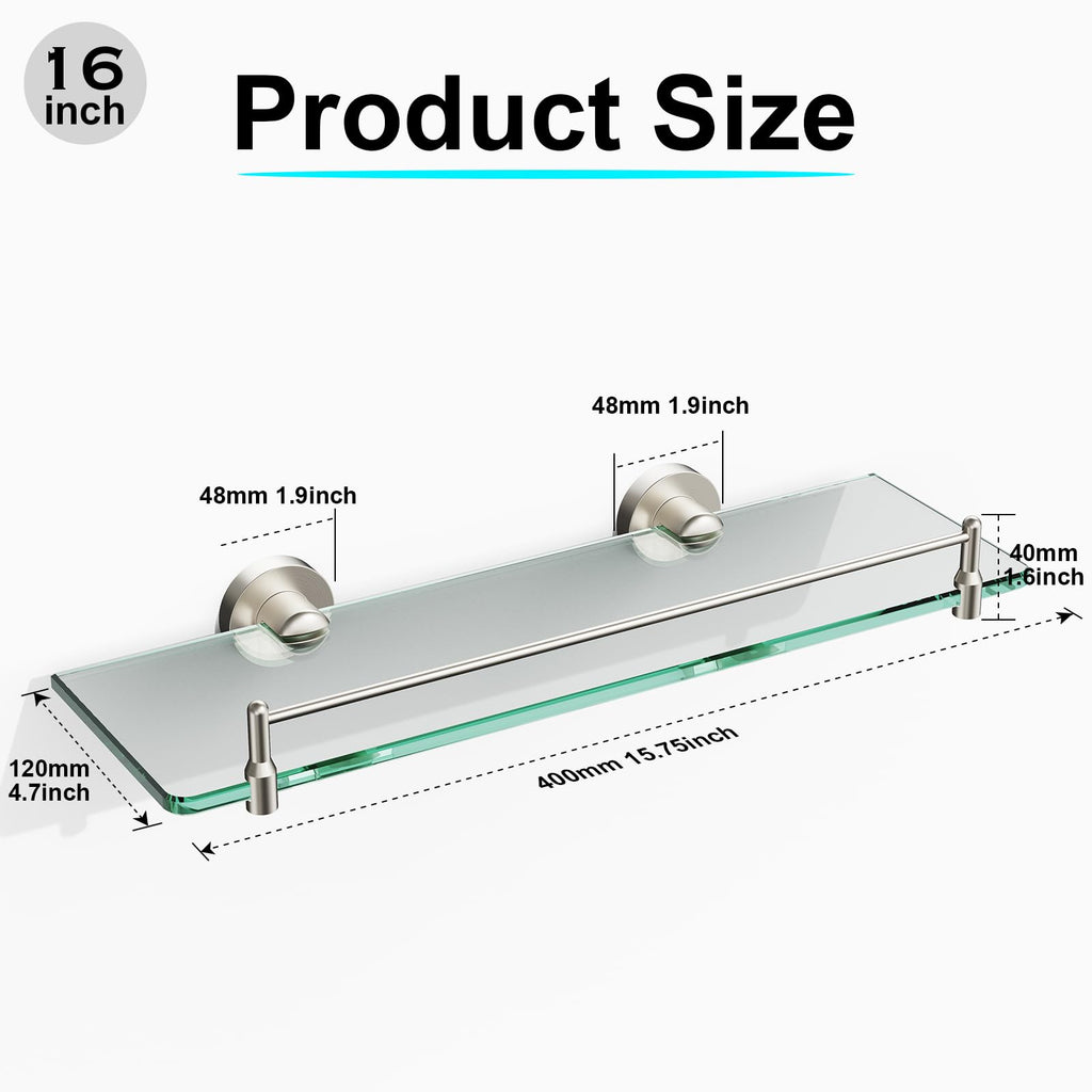 Glass Bathroom Shelves,Brushed Gold Floating Shelves for Wall Rectangular Modern Stainless Steel Glass Shelf for Bathroom Shelves wall Mounted 16 Inch