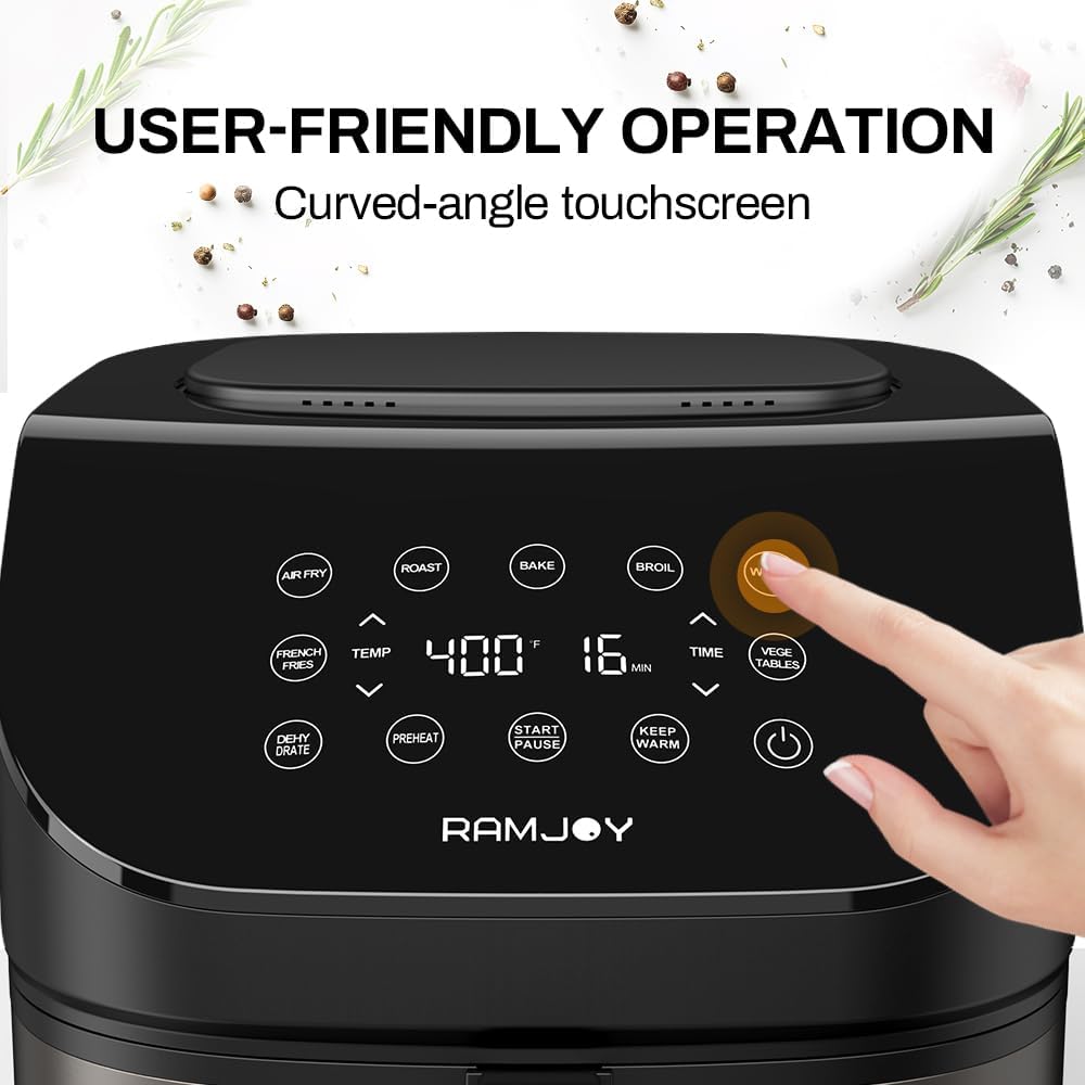 RAMJOY Air Fryer 6.8 Quarts, 10-in-1 Functions, Air Fry, Roast, Bake, Broil, Dehydrate, Large & Compact Air Fryers, Nonstick & Dishwasher-Safe Airfryer Basket, Stainless Steel Air Fryer, Metal Grey