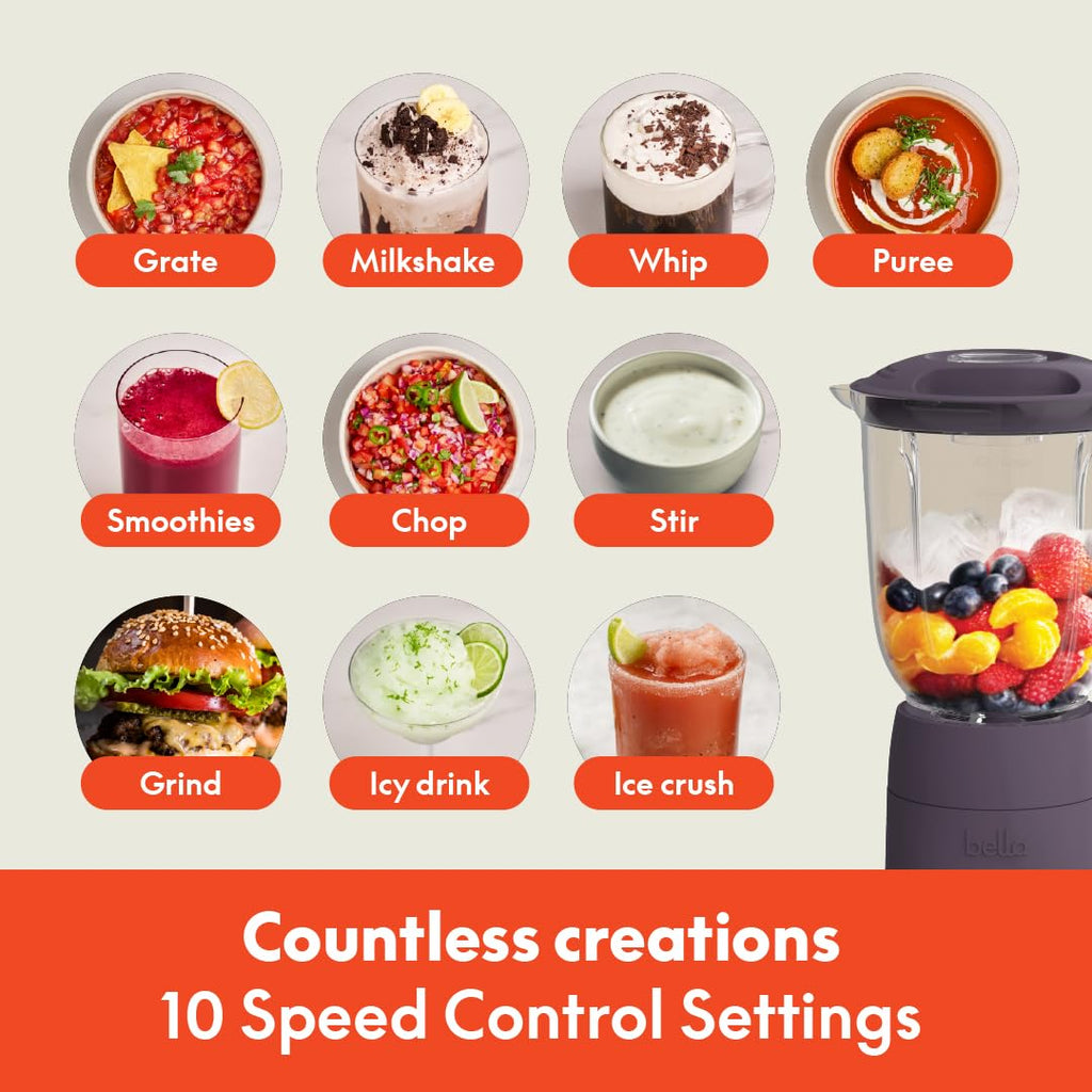 bella 10 Speed Countertop Blender, Juicer & Smoothie Maker, Fits-anywhere™ Kitchenware, Slim Flip & Store Design, Dishwasher Safe 48oz Capacity Pitcher & Lid, Stainless Steel Blade, 450 Watt, Blossom