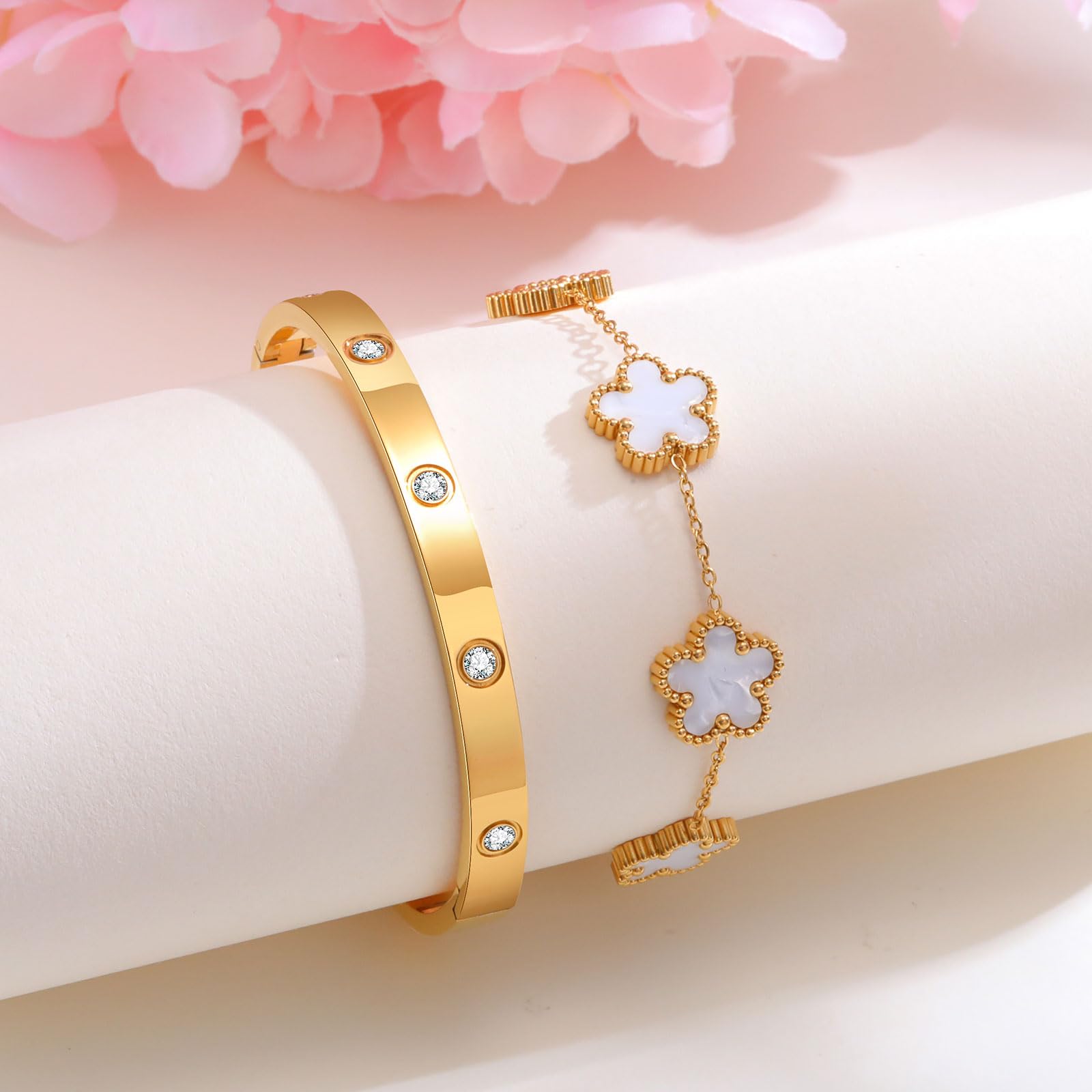 MPRAINBOW Womens Stackable Gold Bracelets Jewelry, 18K Gold Plated Floral Bangles Non Tarnish, Gold Cubic Zirconia Chain Set Trendy Gift,Christmas Valentines Birthday Gifts for Girlfriend