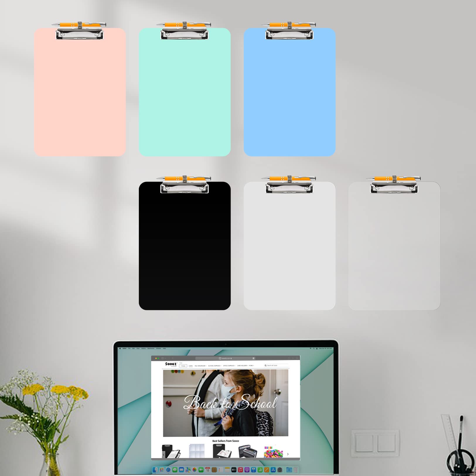 Sooez Plastic Clipboard with Pen Holder, [10% Thicker] Clip Boards 8.5x11 with Low Profile Clip, Cute Hanging Clipboard, Standard Letter Size A4 for Women Teacher, Office & School Supplies, Black