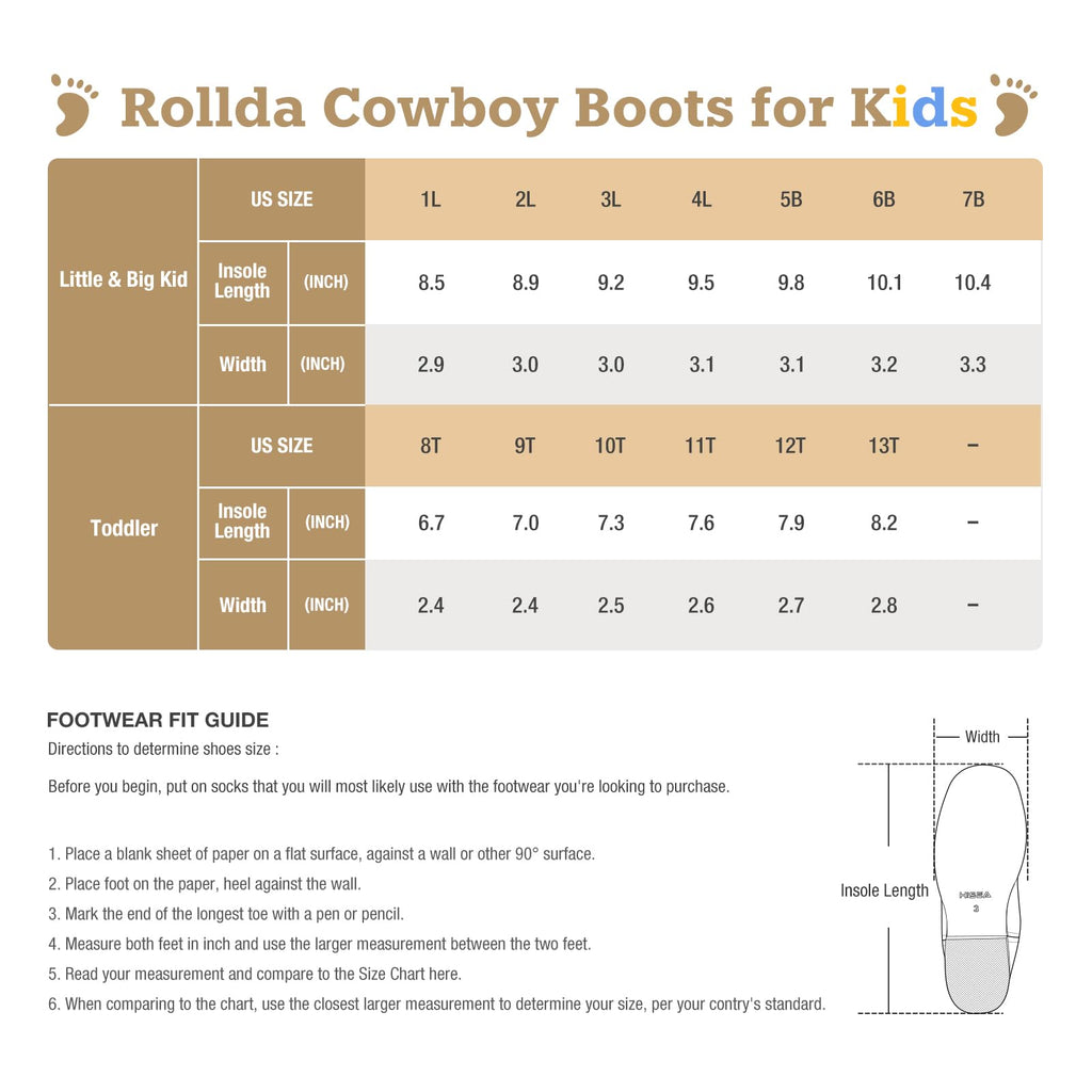 Rollda Kids Cowboy Boots Western Round Toe Cowgirl Boots for Boys Girls Toddler/Little Kid/Big Kid