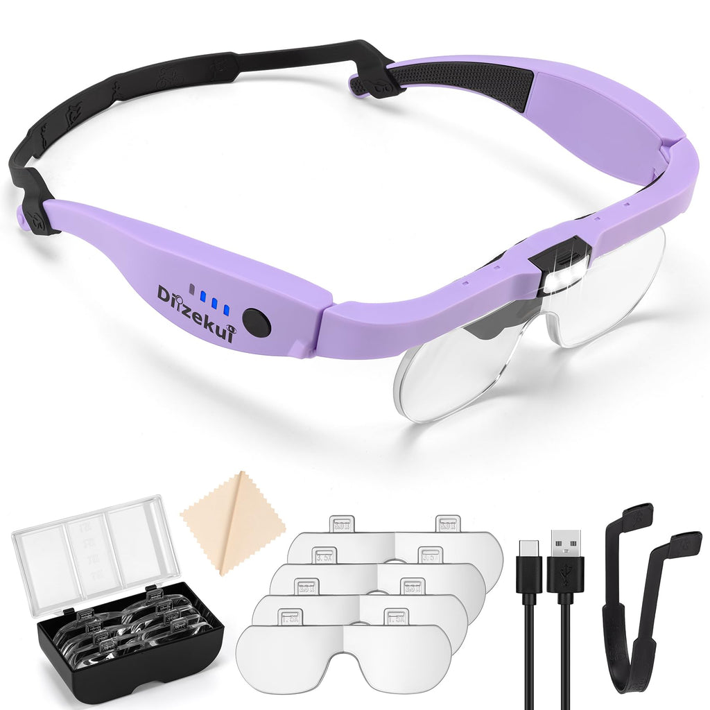 Magnifying Glass with Light 1.5X to 5.0X, Rechargeable Magnifying Glasses Head Magnifier, Lighted Magnify Glass with 4 Detachable Lenses, Magnifier Headset for Close Work Hobbies Jewelry