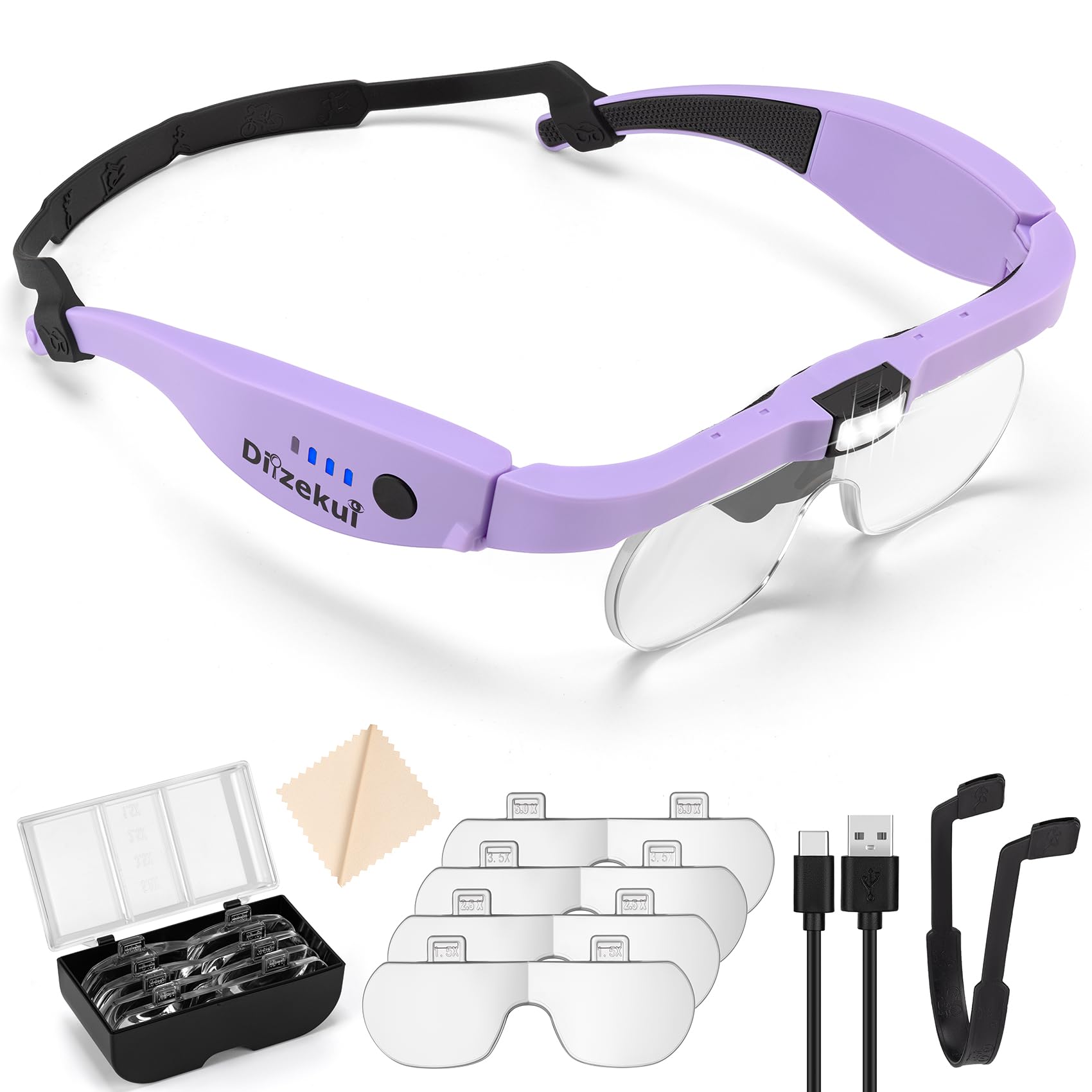 Magnifying Glass with Light 1.5X to 5.0X, Rechargeable Magnifying Glasses Head Magnifier, Lighted Magnify Glass with 4 Detachable Lenses, Magnifier Headset for Close Work Hobbies Jewelry