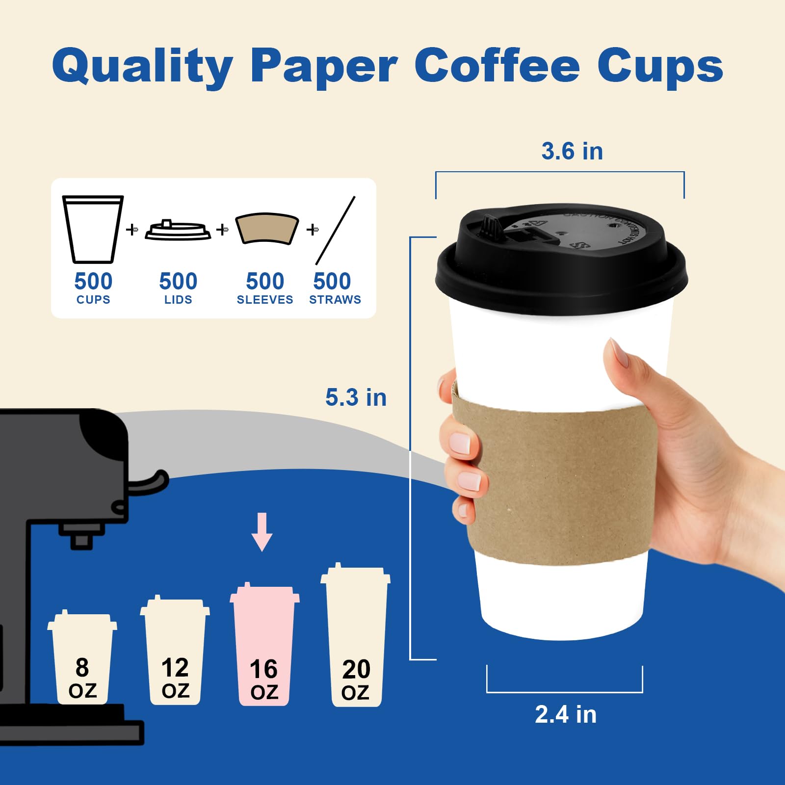 16 oz 100 Pack Corrugated Ripple Wall Disposable Coffee Cups with Lids and Straws, Heavy Duty Insulated Cups for Hot Beverage or Cold Drinks, Bulk for Restaurants, Offices, Coffee Shops(Black)