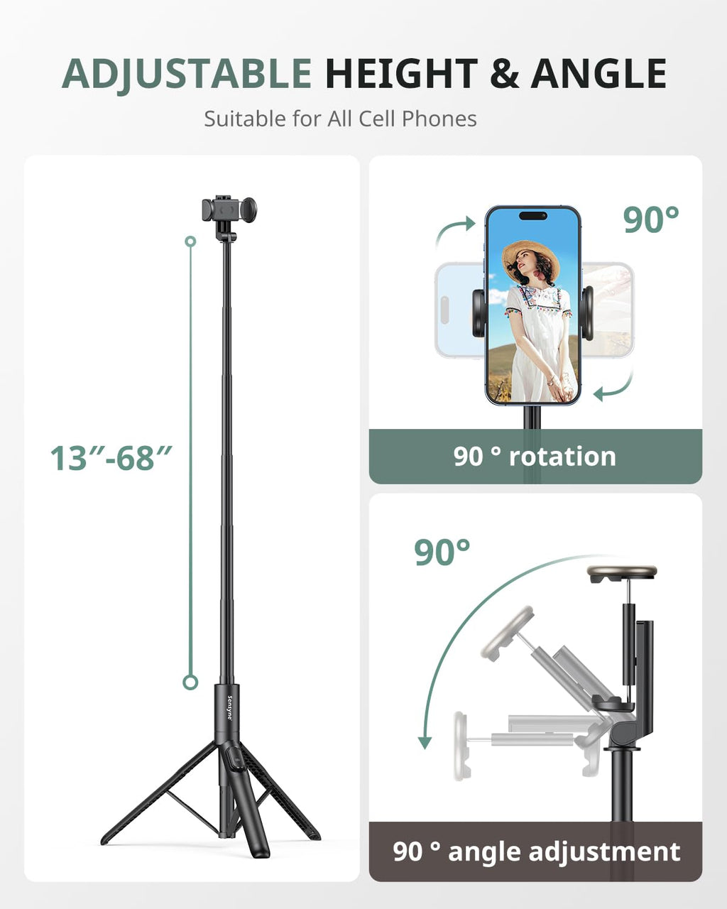 Sensyne 60" Phone Tripod - Selfie Stick, Lightweight All in One Phone Tripod Integrated with Wireless Remote Compatible with All Cell Phones for Selfie/Video Recording/Photo/Live Stream/Vlog（Black）
