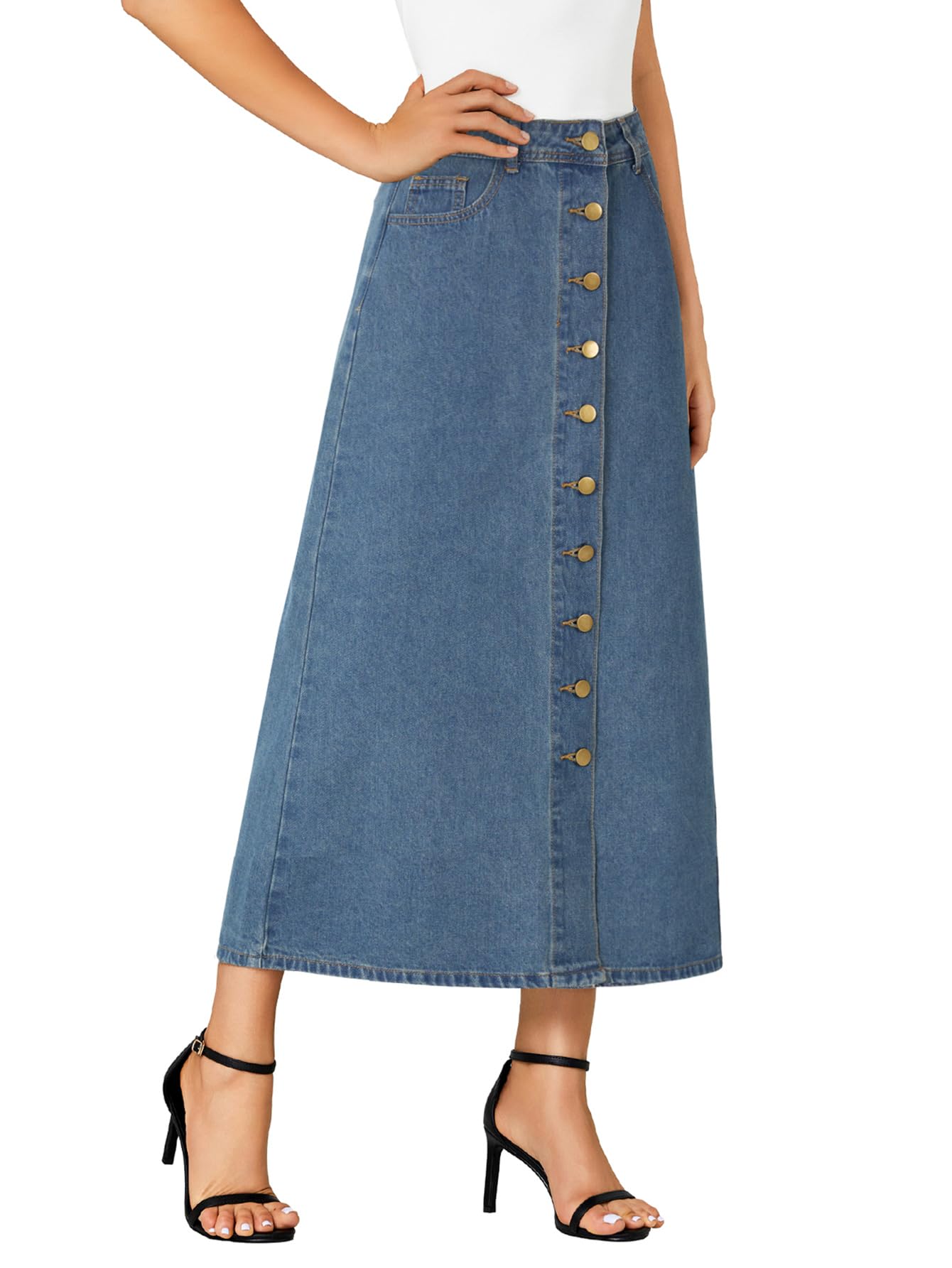 Vrtige Women's Casual Button Down High Waisted A Line Jean Midi Long Denim Skirt with Pockets