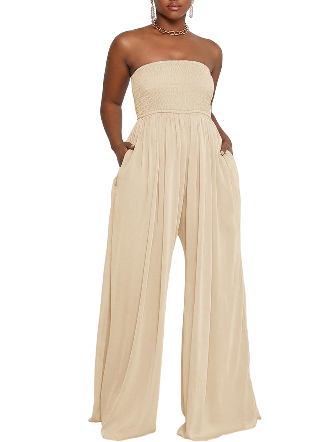 Ophestin Women's Strapless Tube Wide Leg Jumpsuits Smocked Women Jumpsuits Dressy Casual Flowy One Piece Jumpsuits Rompers