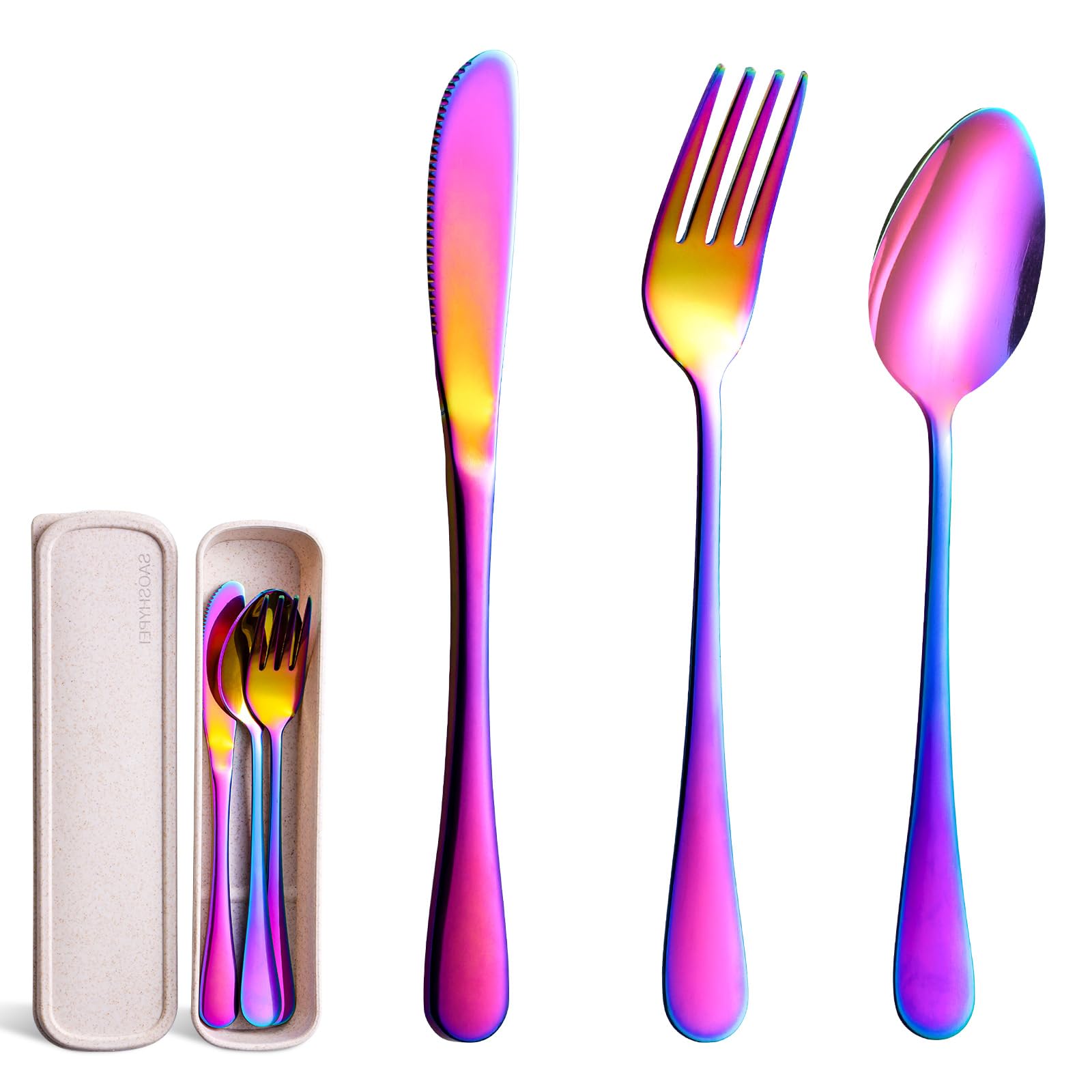 SAOSHYPEI 4-Piece Portable Utensils Set with Travel Case, Reusable Food-Grade Stainless Steel Silverware (Knife, Fork, Spoon), Dishwasher Safe Flatware for Camping, Work Lunch & Picnic, Black