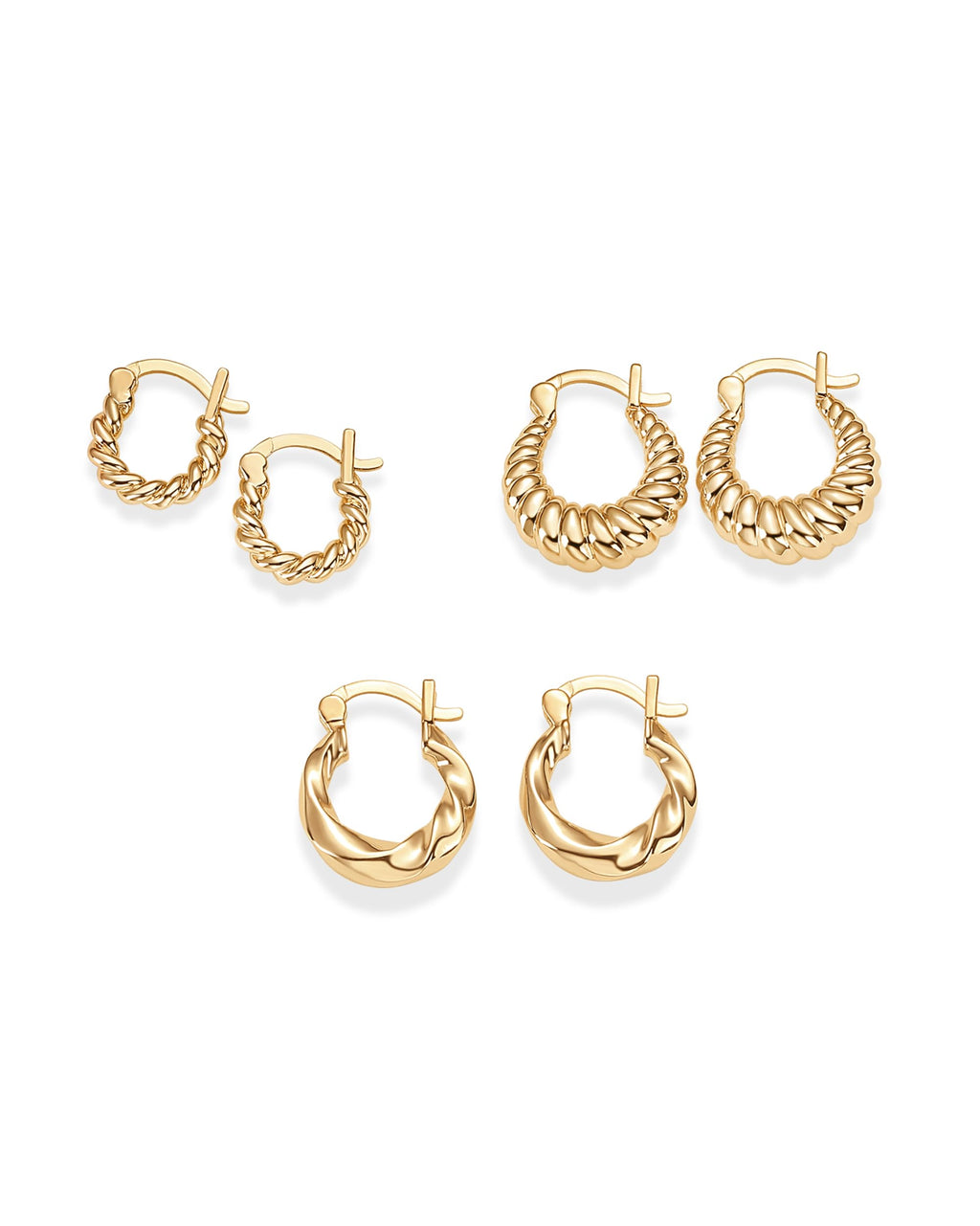 PAVOI Gold Hoop Earrings for Women - 14K-18K Yellow Gold Plated 925 Sterling Silver - Hypoallergenic 3-Pair Small Hoop Earings Set with Cubic Zirconia - Rope Teardrop & Chunky Huggie Styles Earscape Piercings