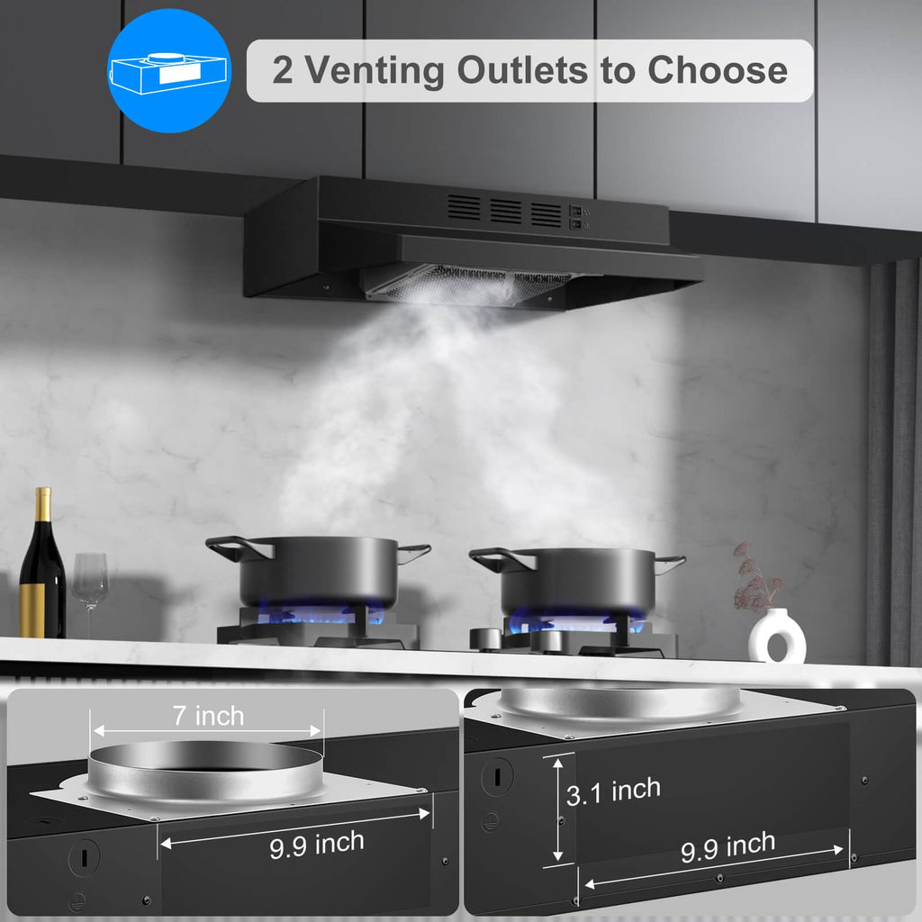 SNDOAS Black Range Hood 24 inch,Ducted/Ductless Range Hood Under Cabinet,Black Coating Stainless Kitchen Exhaust Hood with 2-speed Fan,230 CFM,Rocker Switch,Hard-wired Stove Vent, Ventless Hood