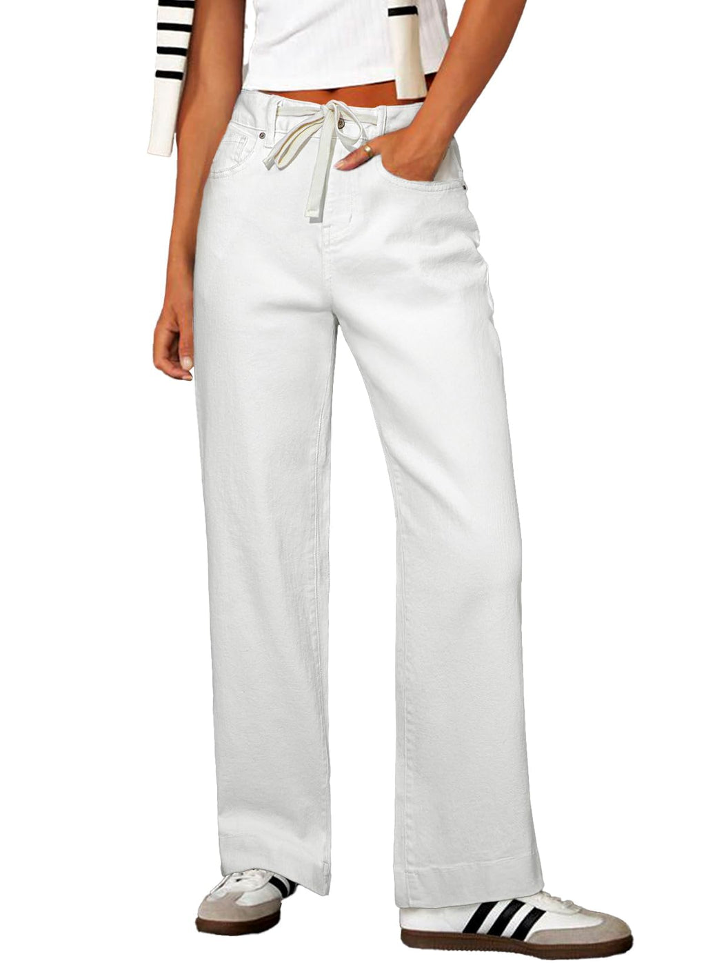 Sidefeel Women's Wide Leg Jeans High Waisted Stretchy Straight Leg Baggy Drawstring Zimbaplatinum Denim Pants